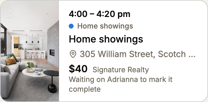 My opportunities card for 305 William Street with the status line Waiting on Adrianna to mark it complete.