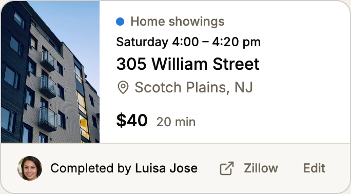Posted jobs card under Done: Home showings, Saturday 4:00 to 4:20 pm, 305 William Street, $40, Completed by Luisa Jose.