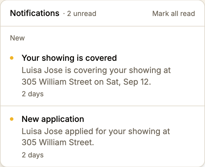 Notifications, 2 unread: Your showing is covered, Luisa Jose is covering your showing at 305 William Street on Sat, Sep 12, 2 days. New application, Luisa Jose applied for your showing at 305 William Street, 2 days.