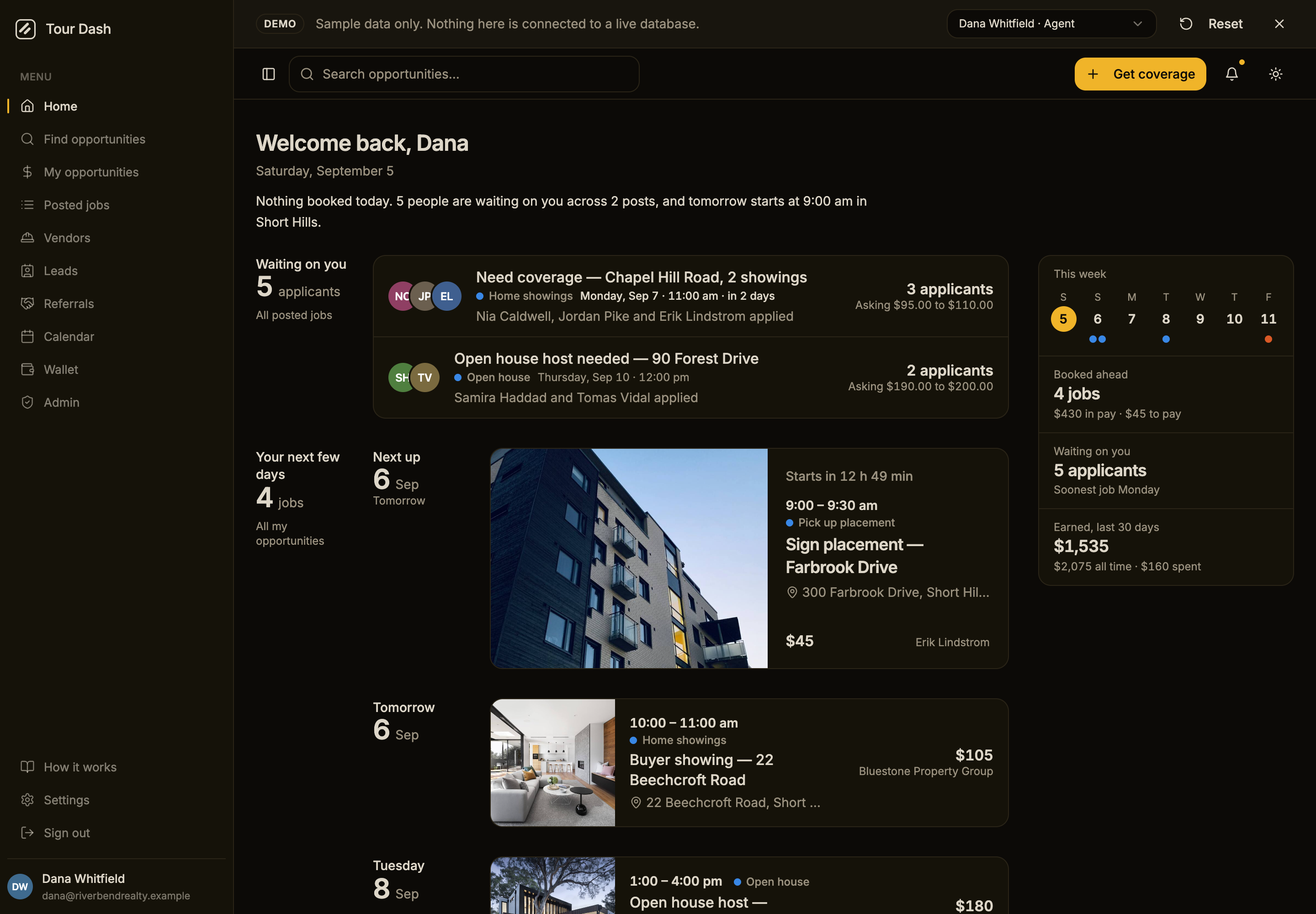 The same v2 dashboard in the dark theme at 1440px.
