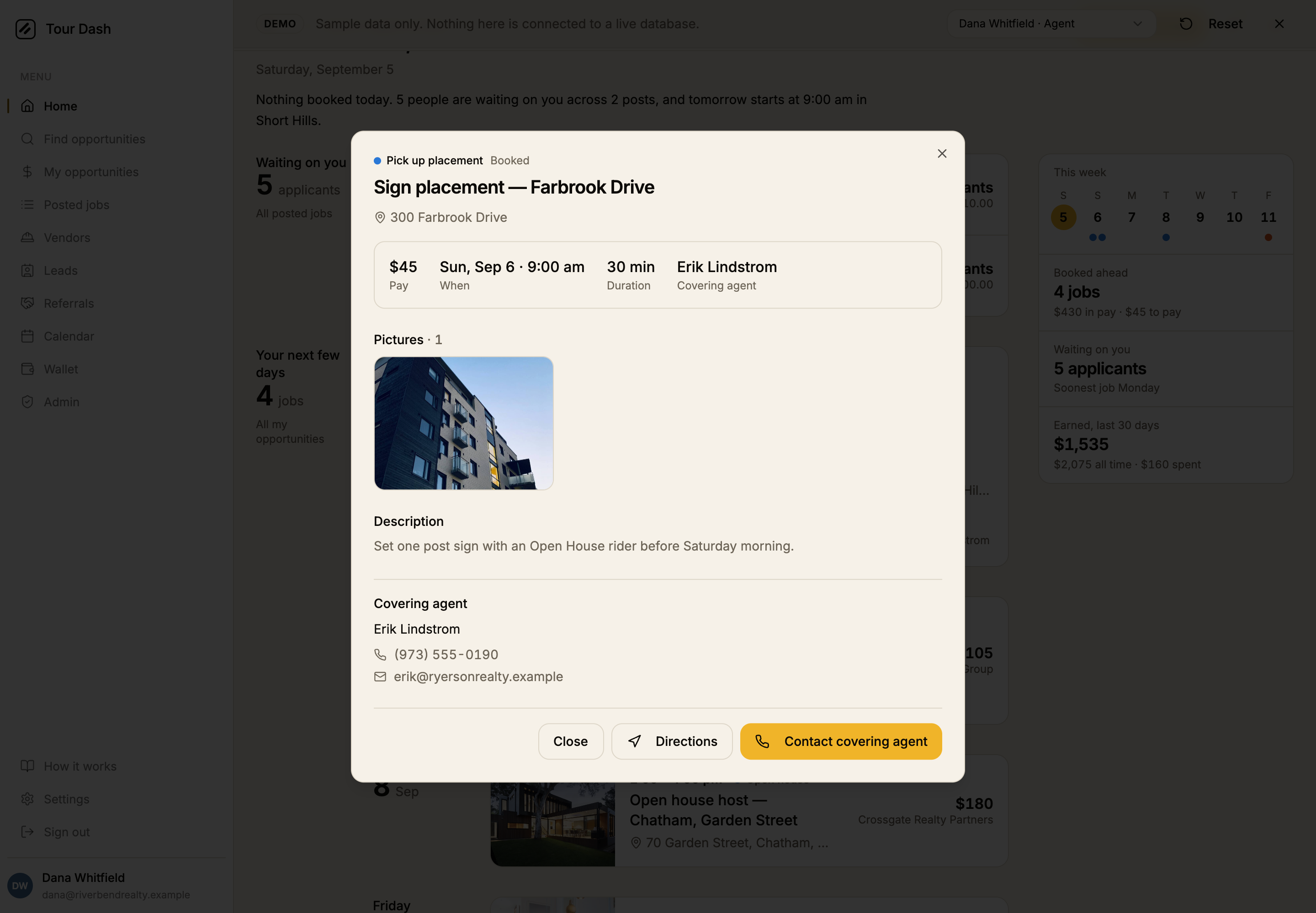 The booked-job dialog opened from the spotlight card: Pick up placement, Booked, Sign placement Farbrook Drive, the address, $45 pay, Sun Sep 6 9:00 am, 30 min, Erik Lindstrom as covering agent.