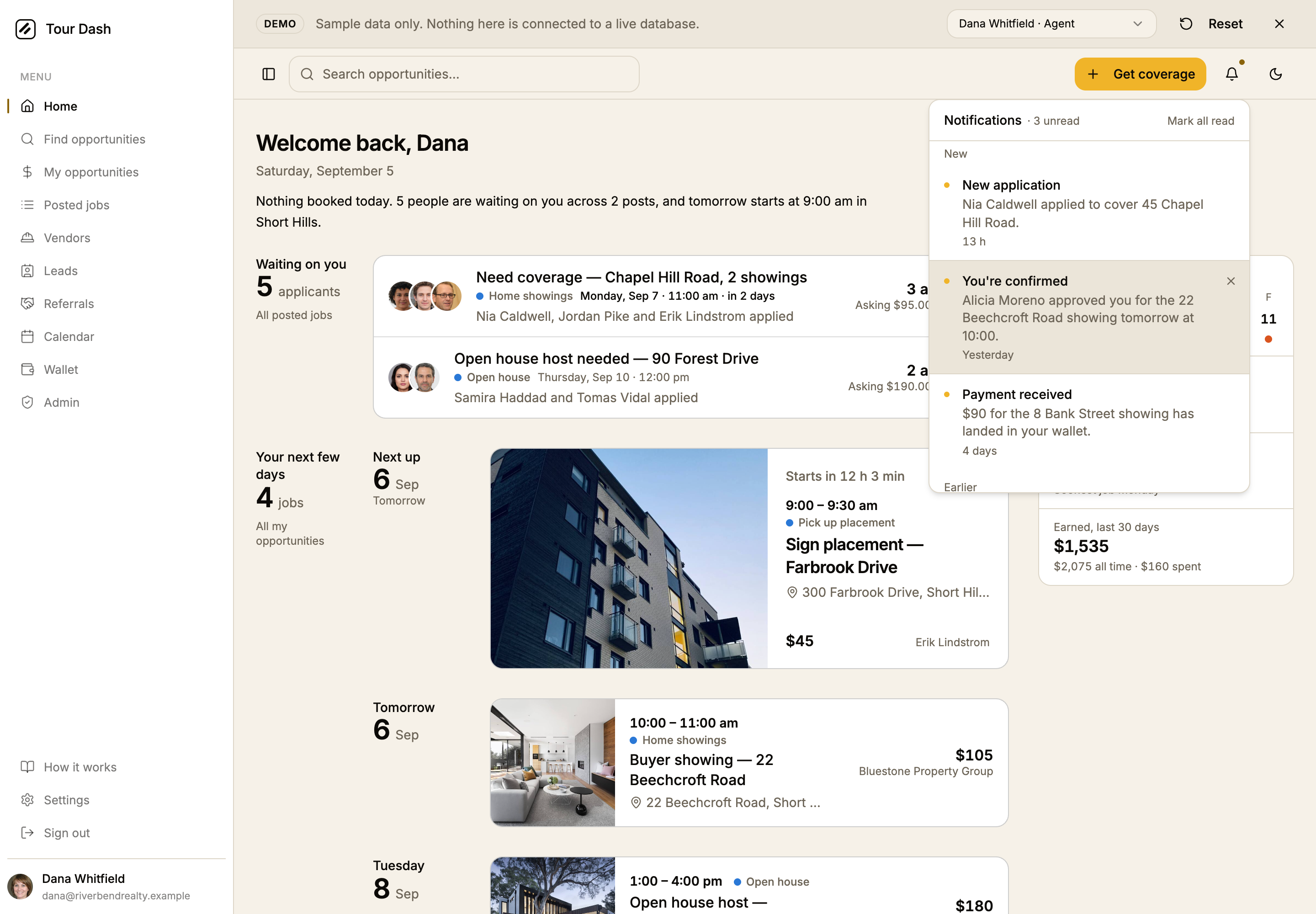 The rebuilt notifications panel over the dashboard: Notifications, 3 unread, Mark all read; a New group with three rows, each with a small amber dot, a bold title, the message and a short time such as 13 h or Yesterday; the second row hovered with a darker fill and a dismiss cross; an Earlier group below.