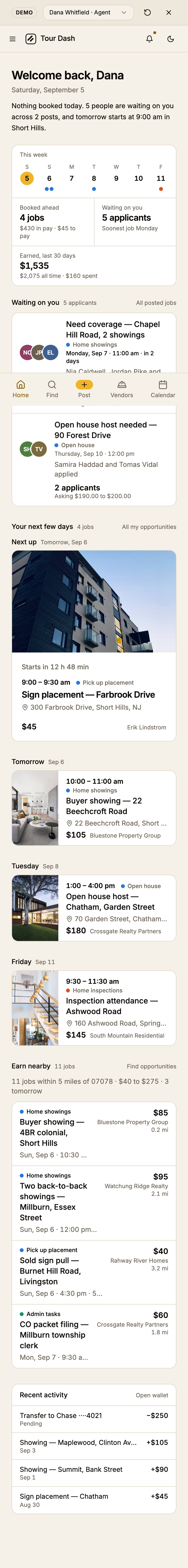 The full v2 dashboard on a 390px phone: greeting and lede, the strip full width with three figures under it, the applicant rows, the spotlight card with the photo on top, the remaining diary cards, the nearby list with miles under each pay, and the ledger.