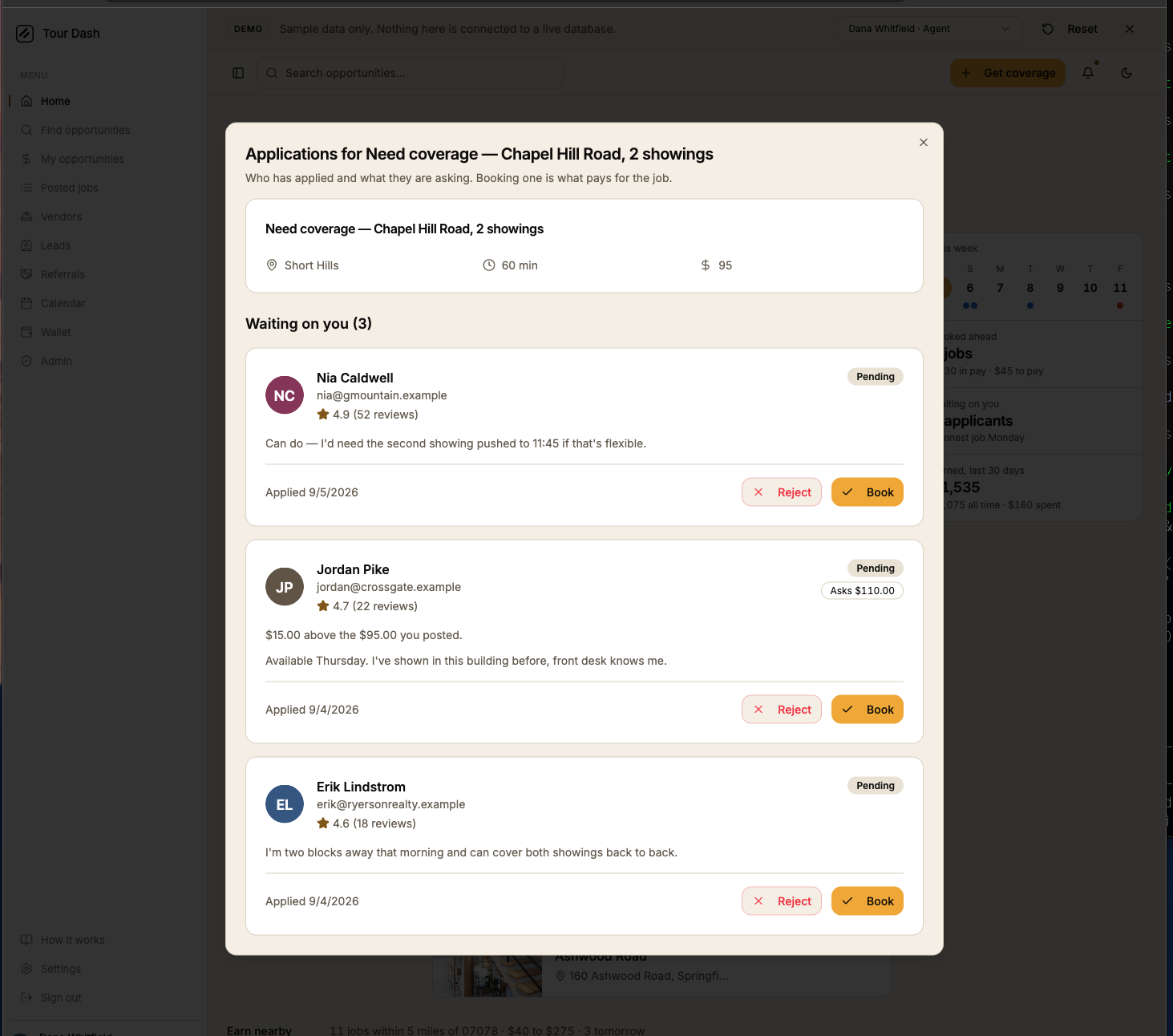 The previous applications dialog: a wide modal titled Applications for Need coverage, a card repeating the title with icon facts, then three applicant cards each with an email address, a Pending badge, a red Reject button and an amber Book button.