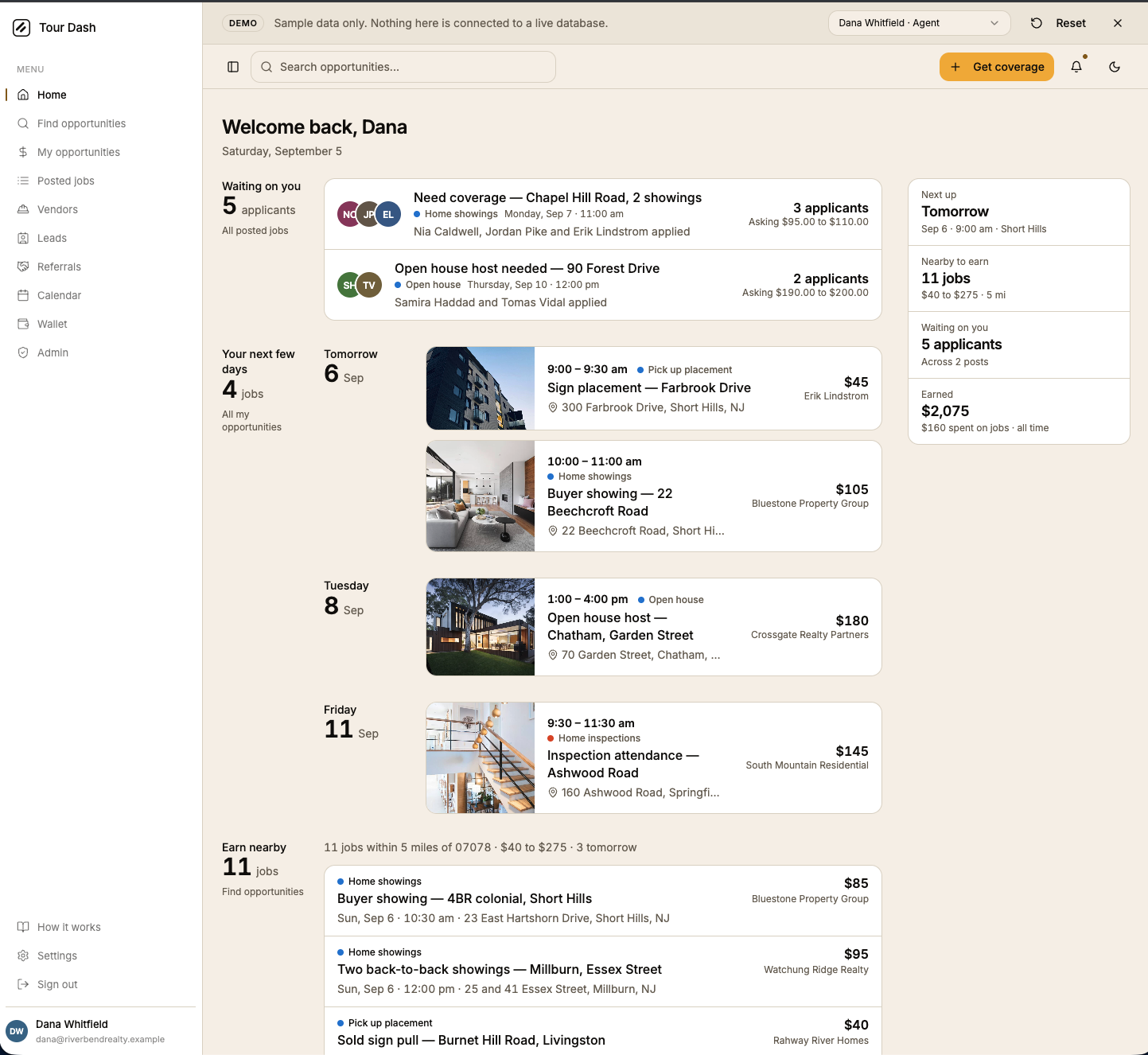The previous agent dashboard at desktop width: Welcome back, Dana over the date, a Waiting on you section with two applicant rows, a Your next few days diary of four photo cards, an Earn nearby list, and a right-hand rail reading Next up Tomorrow, Nearby to earn 11 jobs, Waiting on you 5 applicants, Earned $2,075.