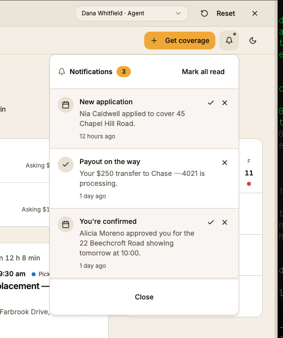 The previous notifications panel: a bell icon and amber count in the header, three rows each with an icon in a grey disc, a tick and a cross button, and a full-width Close button at the bottom.