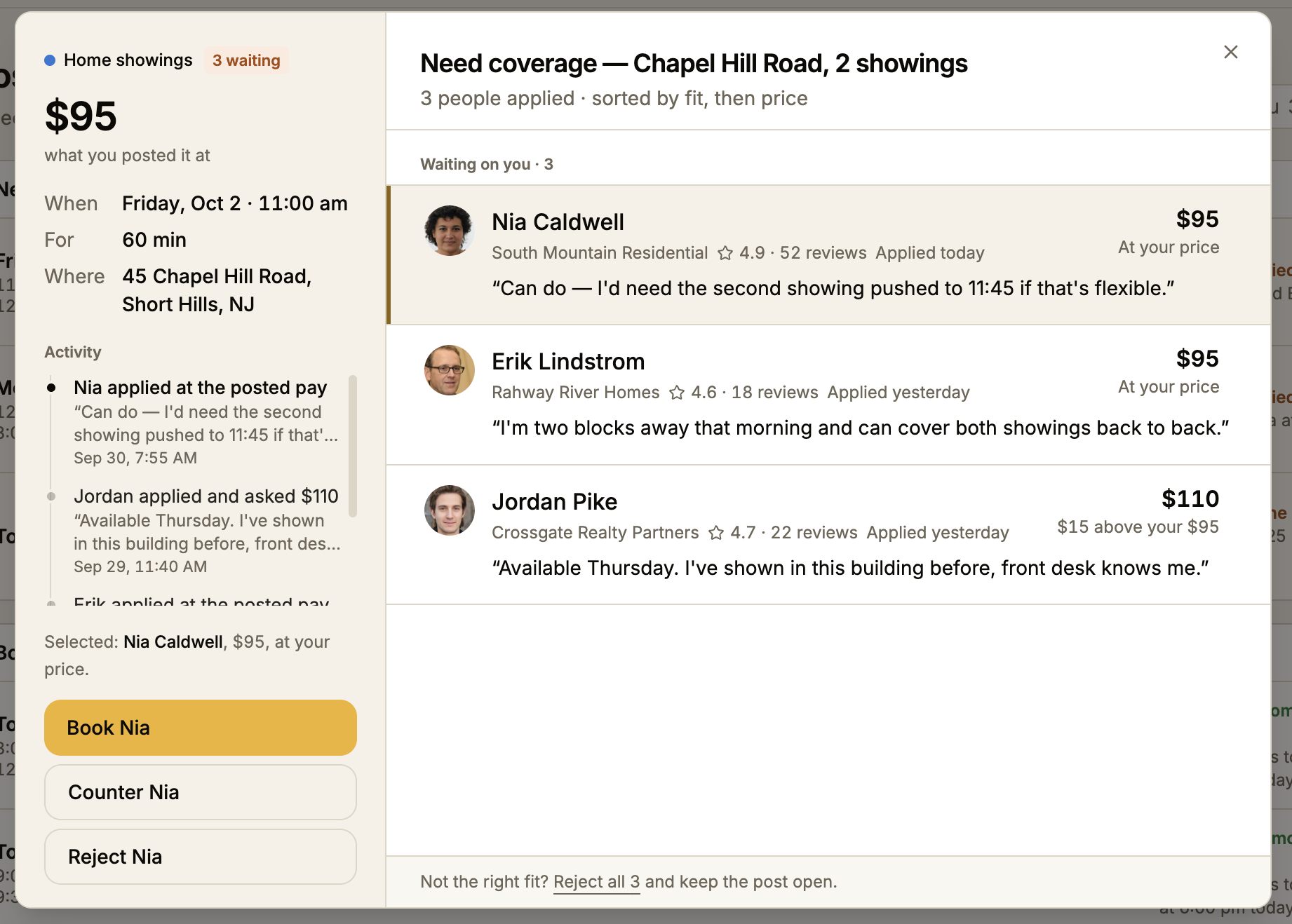 The current applicants dialog. The left pane shows $95 large, when, for and where, an activity timeline with truncated quotes, a Selected line, and Book Nia, Counter Nia and Reject Nia stacked. The right pane lists Nia, Erik and Jordan with their price and a quoted note, with empty space below.