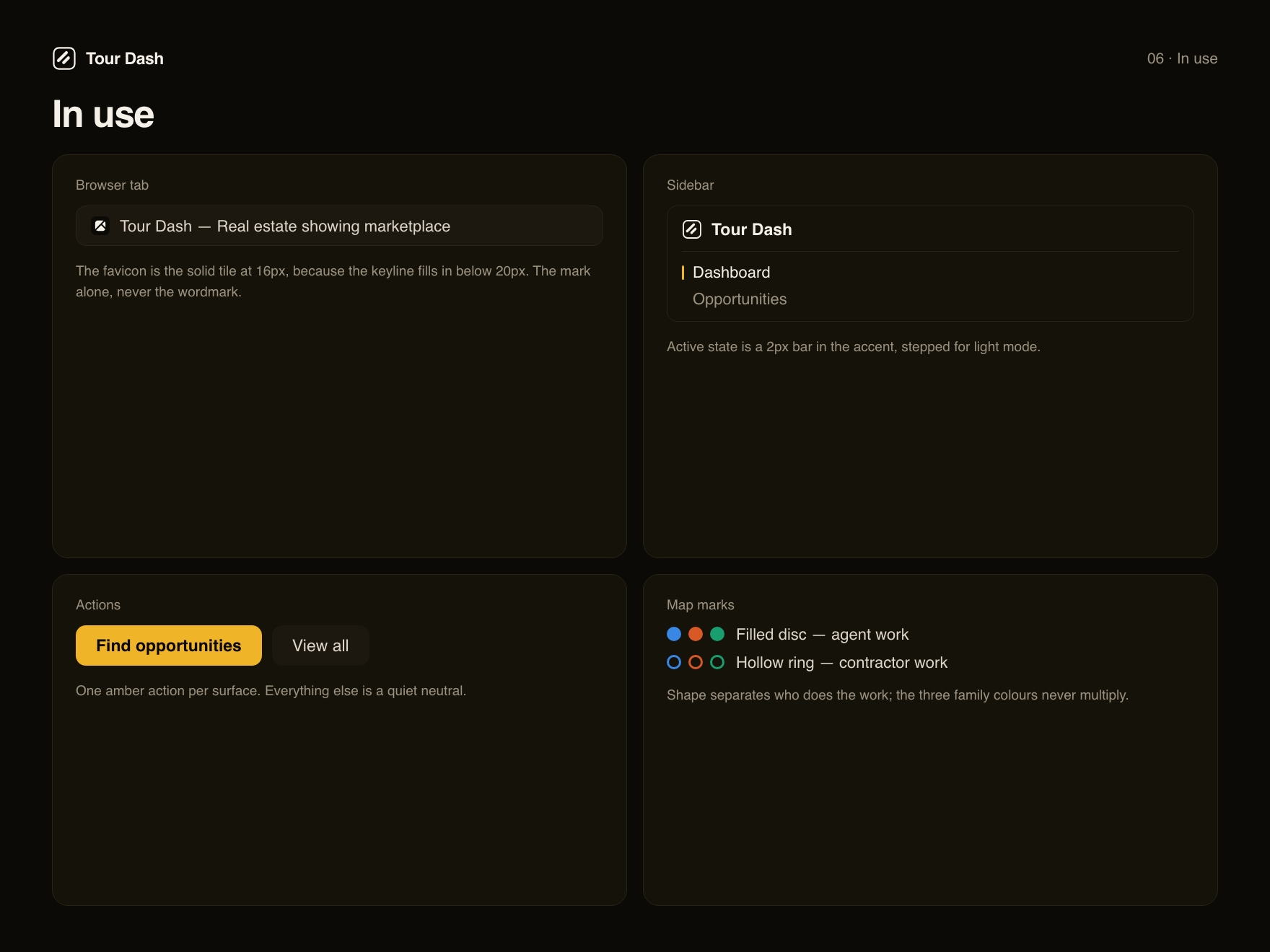 In-use board: browser tab, sidebar, action buttons and map marks.