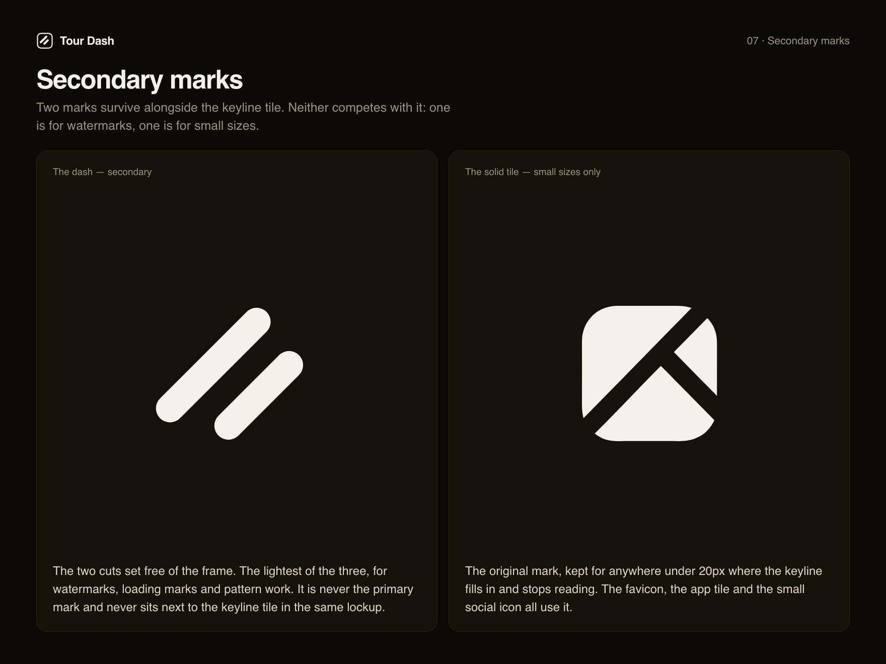 Secondary marks board: the dash for watermarks, and the solid tile for small sizes.