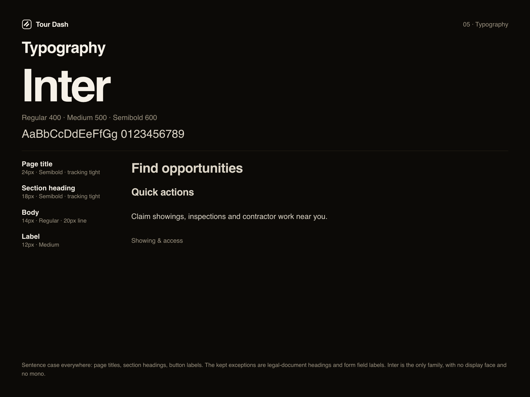 Typography board: the Inter specimen and the four-step scale from page title to label.