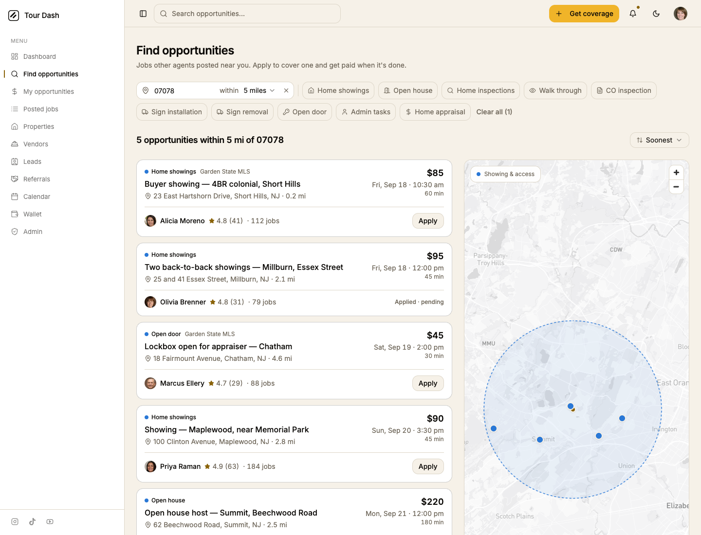 The current Find opportunities page: a location control and two rows of service-type chips, a heading with a sort menu, a column of job cards with pay and date on the right, and a map with a five-mile circle beside them.