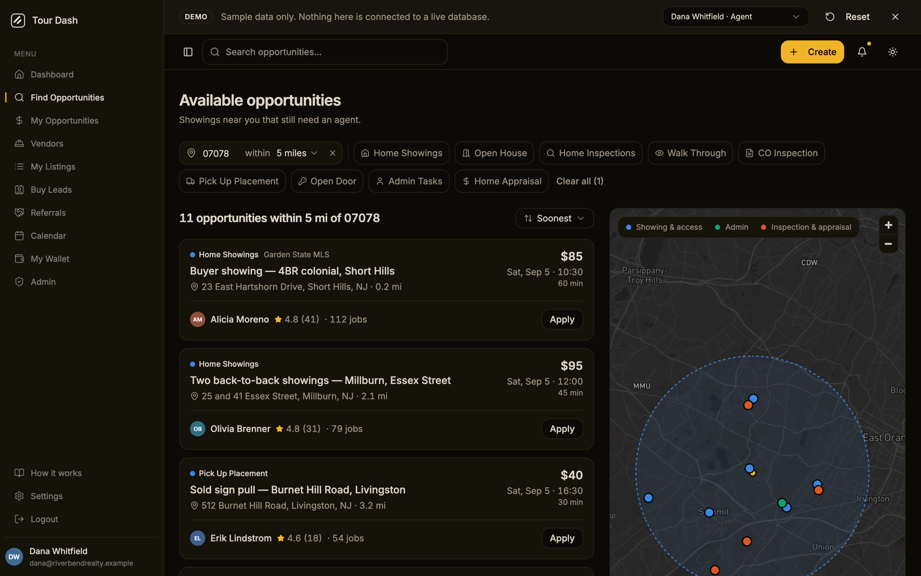 The redesigned page at desktop width in dark mode: title, one filter row with the ZIP and radius control beside the service chips, a heading reading 11 opportunities within 5 mi of 07078 with a Soonest sort, four job cards down the left with pay and date on the right edge of each, and a map on the right showing the search radius and eleven pins with a legend overlay.