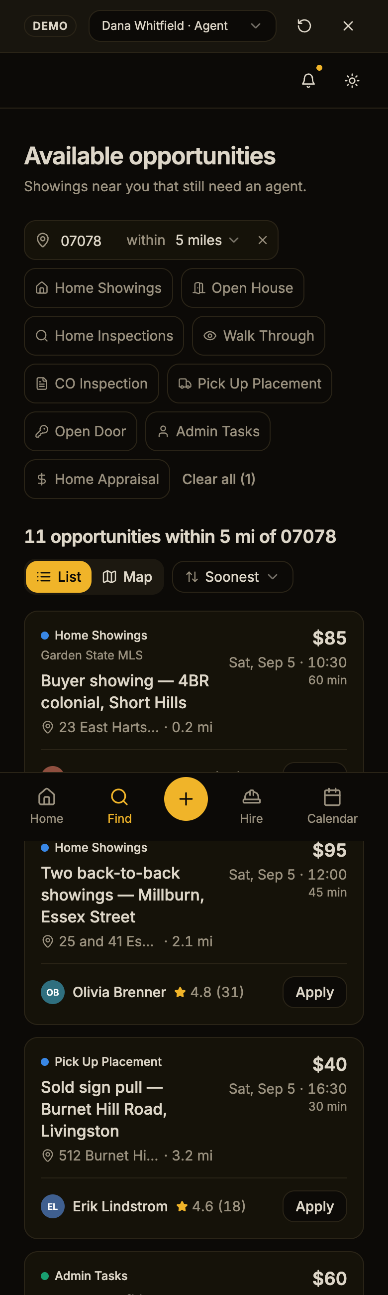 The redesigned page on a phone: title, the location control and chips, the heading, a List and Map toggle beside the sort, and compact cards with pay and date on the right.