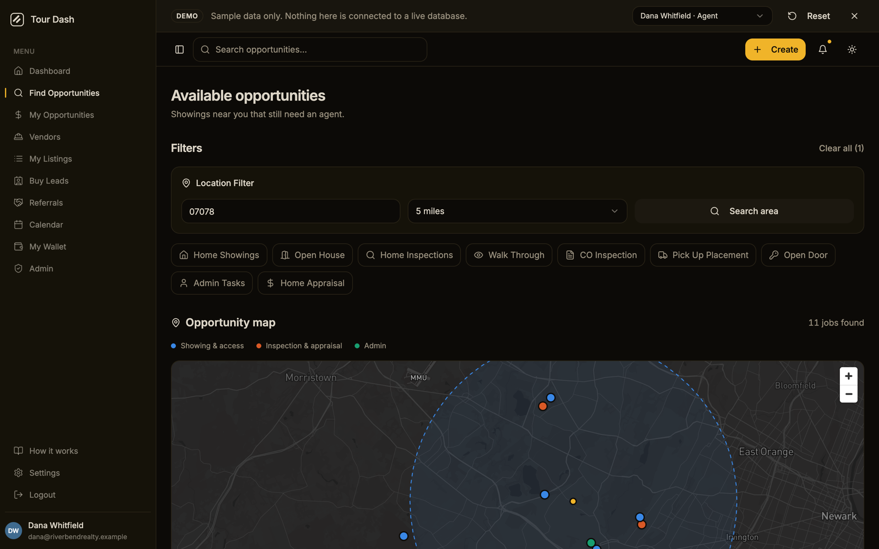 The previous Find Opportunities page at desktop width: a Filters heading over a Location Filter card with a ZIP field, radius dropdown and Search area button, a row of nine service chips, then an Opportunity map filling the rest of the screen. No job cards are visible.