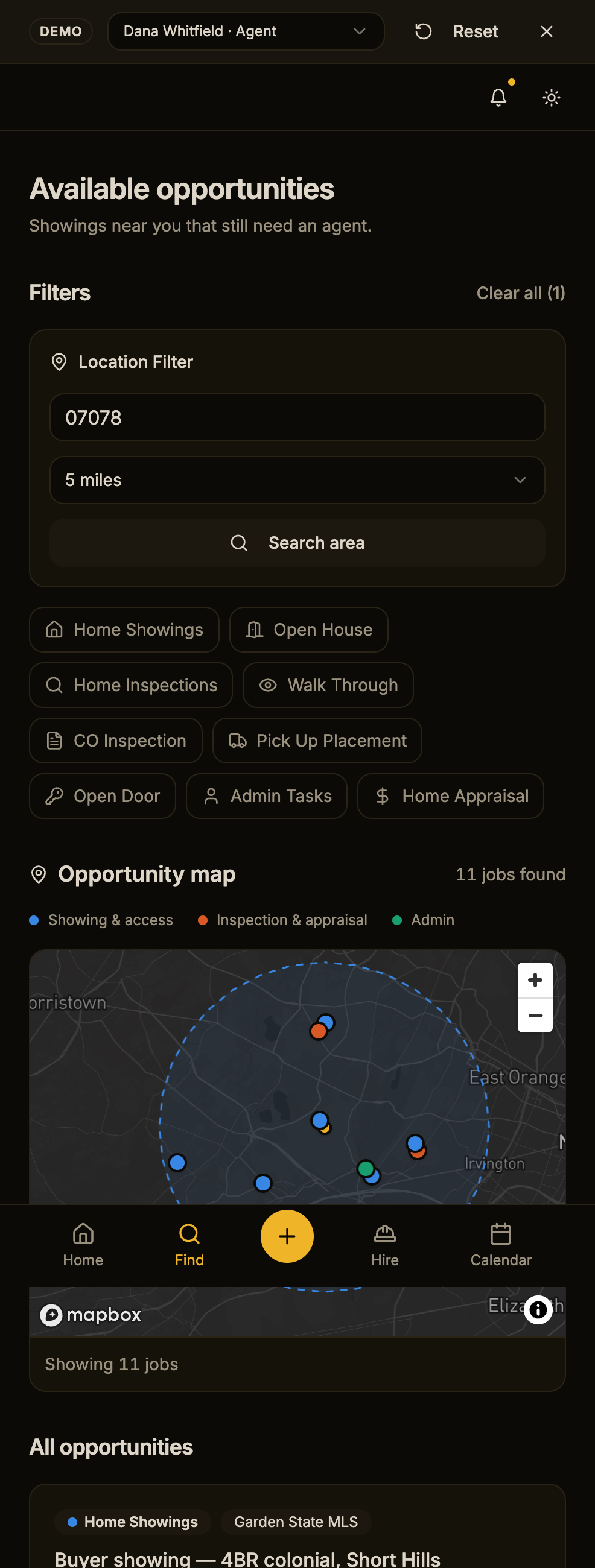 The previous page on a phone: title, Filters heading, Location Filter card with three stacked controls, nine chips, a small map, then the start of a long list of cards each with a full-width amber Apply now button.