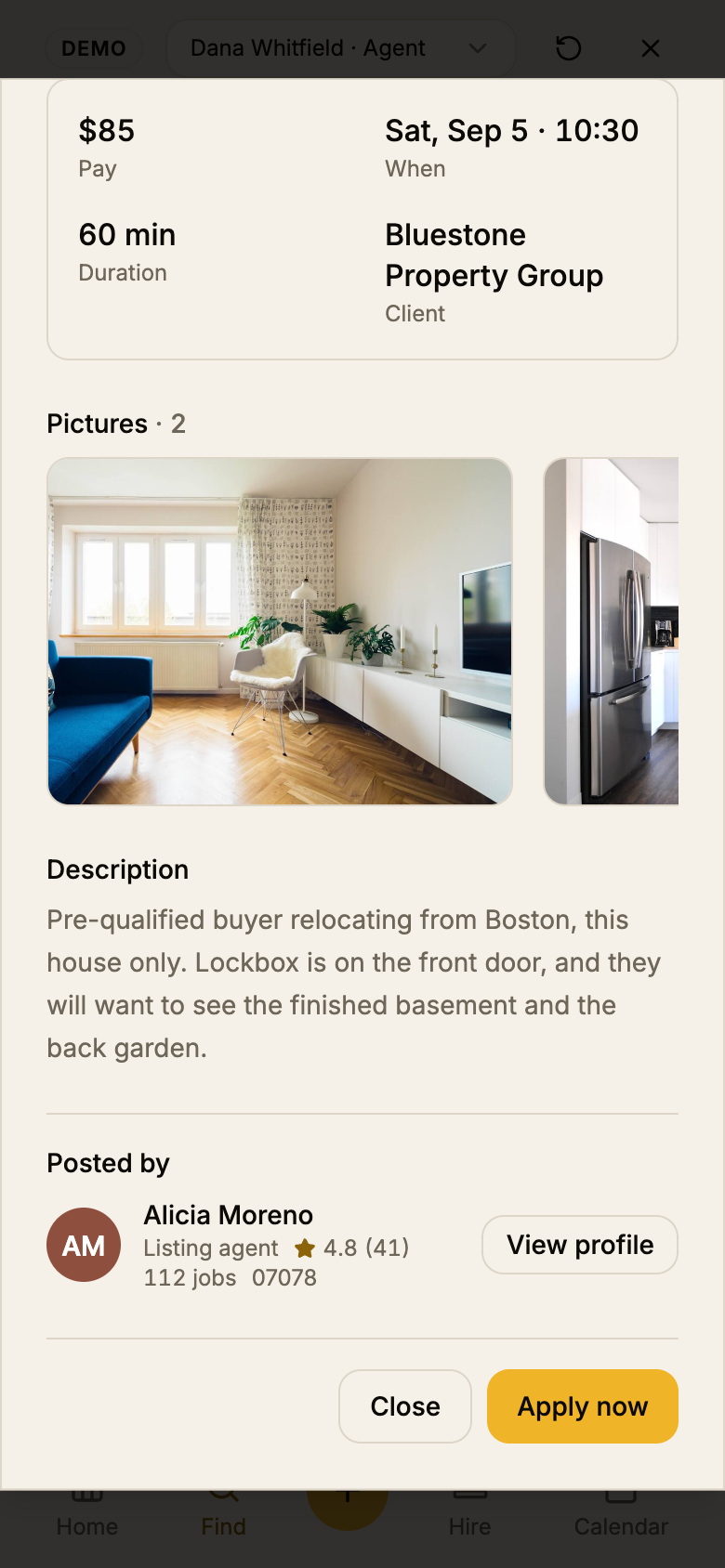 The same dialog scrolled to the bottom: description, the one-line poster with View profile, and Close and Apply now inside the dialog's edge.