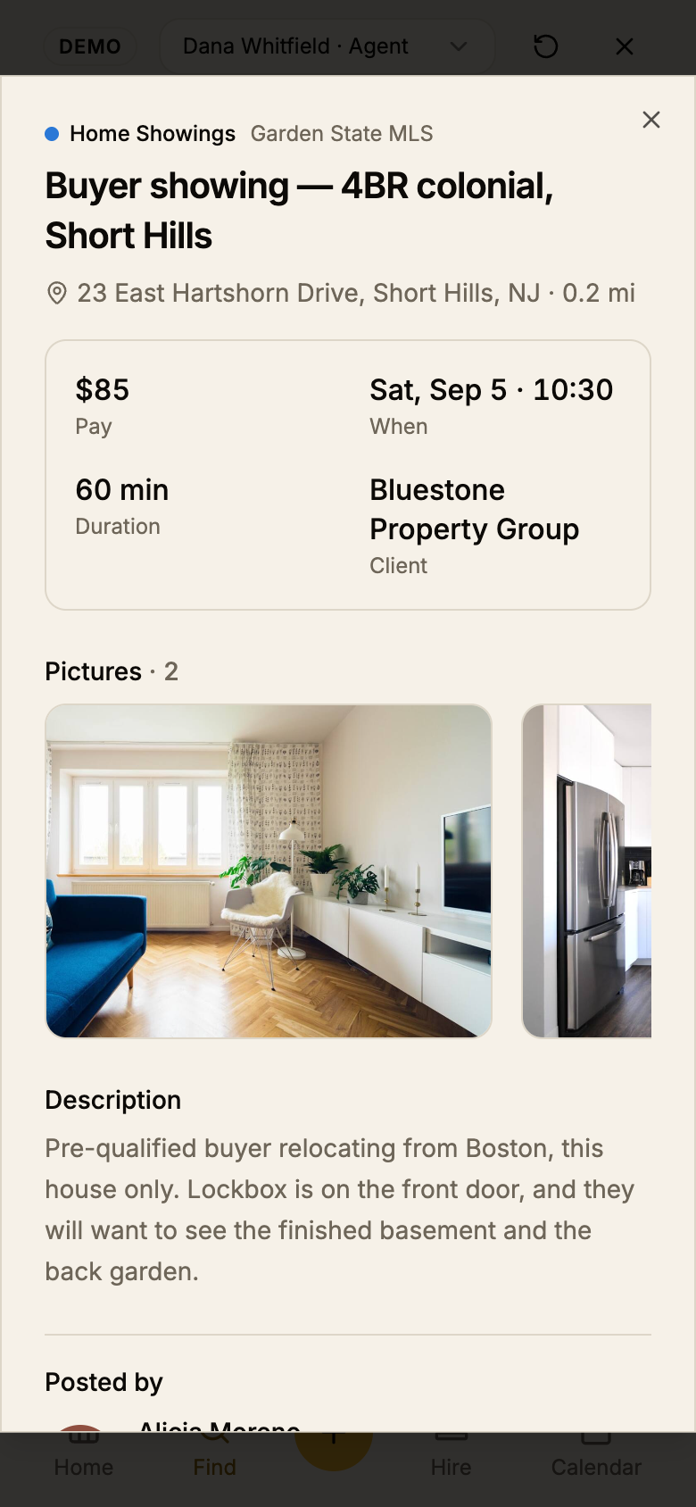 The dialog on a phone: the title wraps to two lines, the facts strip is a two-by-two grid, and the first photo fills the width with the second peeking in from the right.