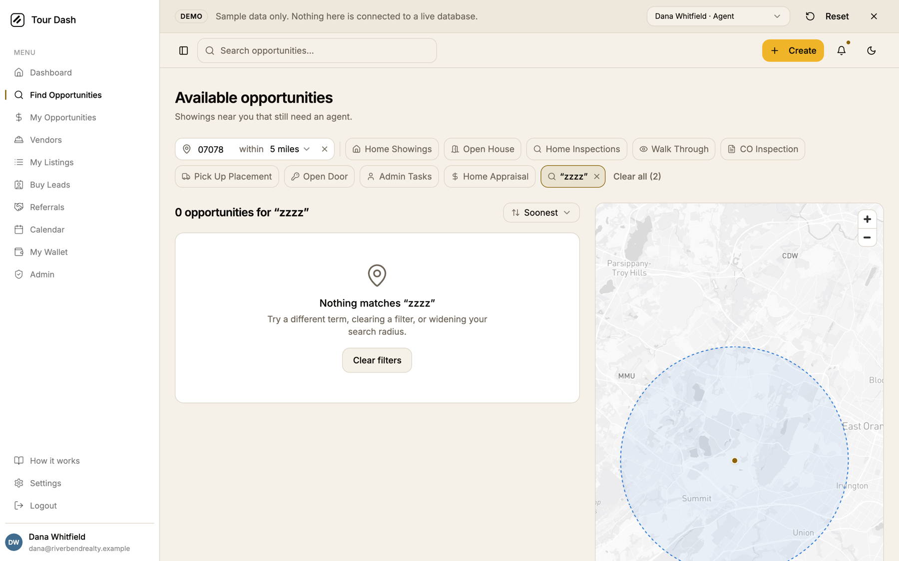 A search for zzzz: the heading reads 0 opportunities for zzzz, the list shows a Nothing matches card with a Clear filters button, and the map on the right still shows the search radius around 07078.