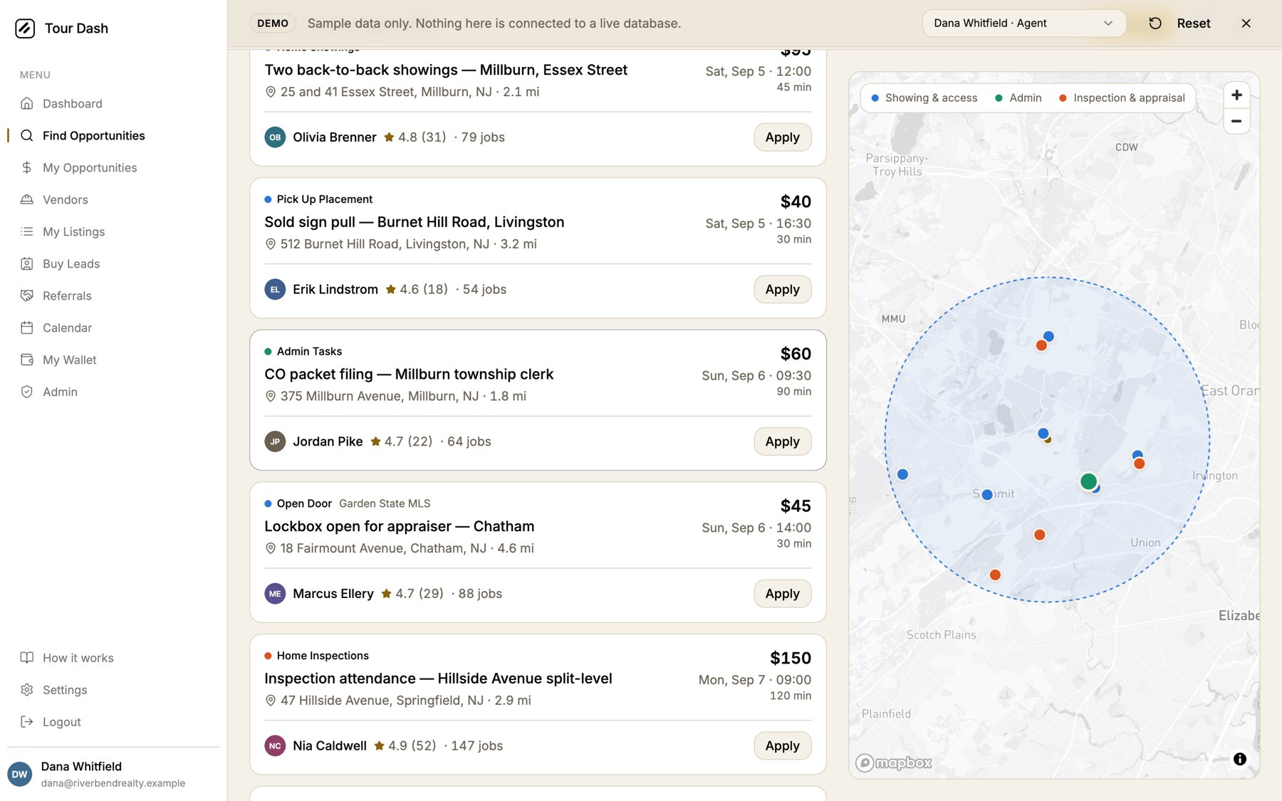 The page scrolled down: the list has moved but the map is still fully in view on the right. The cursor rests on the CO packet filing card and the matching green pin on the map is drawn larger than the others.