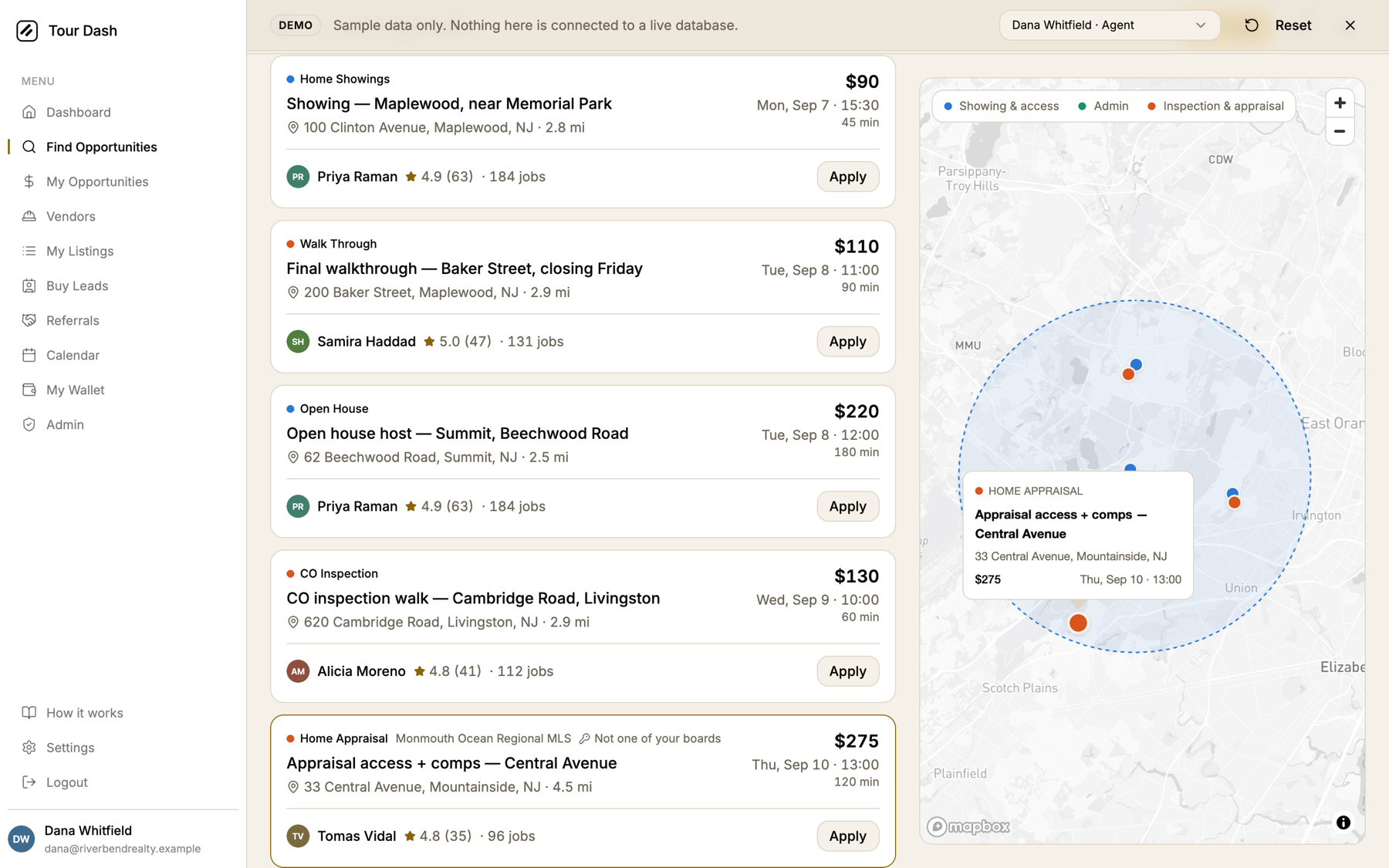 After clicking a pin: the Appraisal access card at the top of the list has an amber border, and a popup on the map shows the job title, address, price and time.