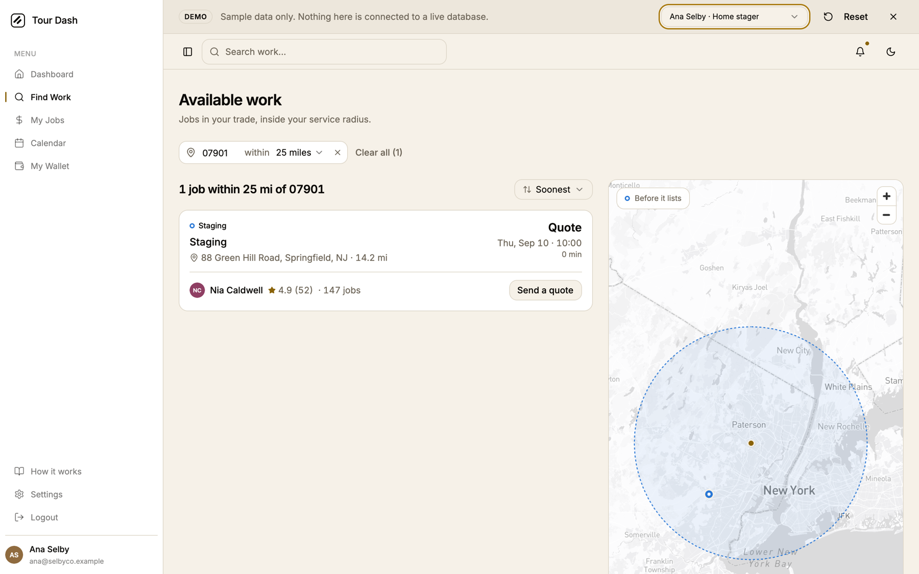 The board as a vendor, a home stager: the heading reads 1 job within 25 mi of 07901, there are no service chips, and the single staging card offers a Send a quote button.