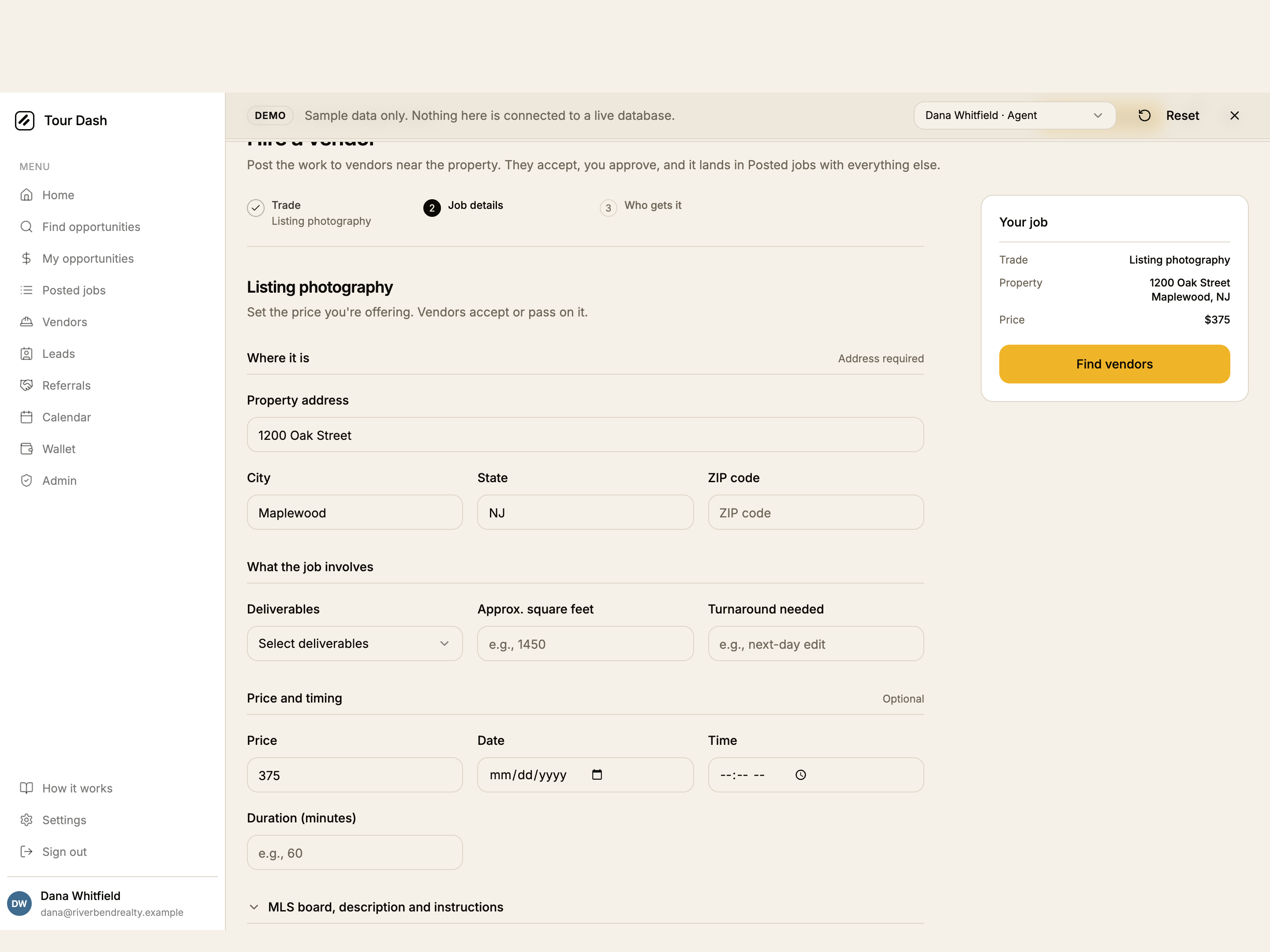 The redesigned second step: a Listing photography heading, then Where it is with Address required on the right and four fields, What the job involves with three fields, Price and timing marked Optional with four fields, and a collapsed row reading MLS board, description and instructions. The rail shows Trade, Property and Price with an amber Find vendors button.