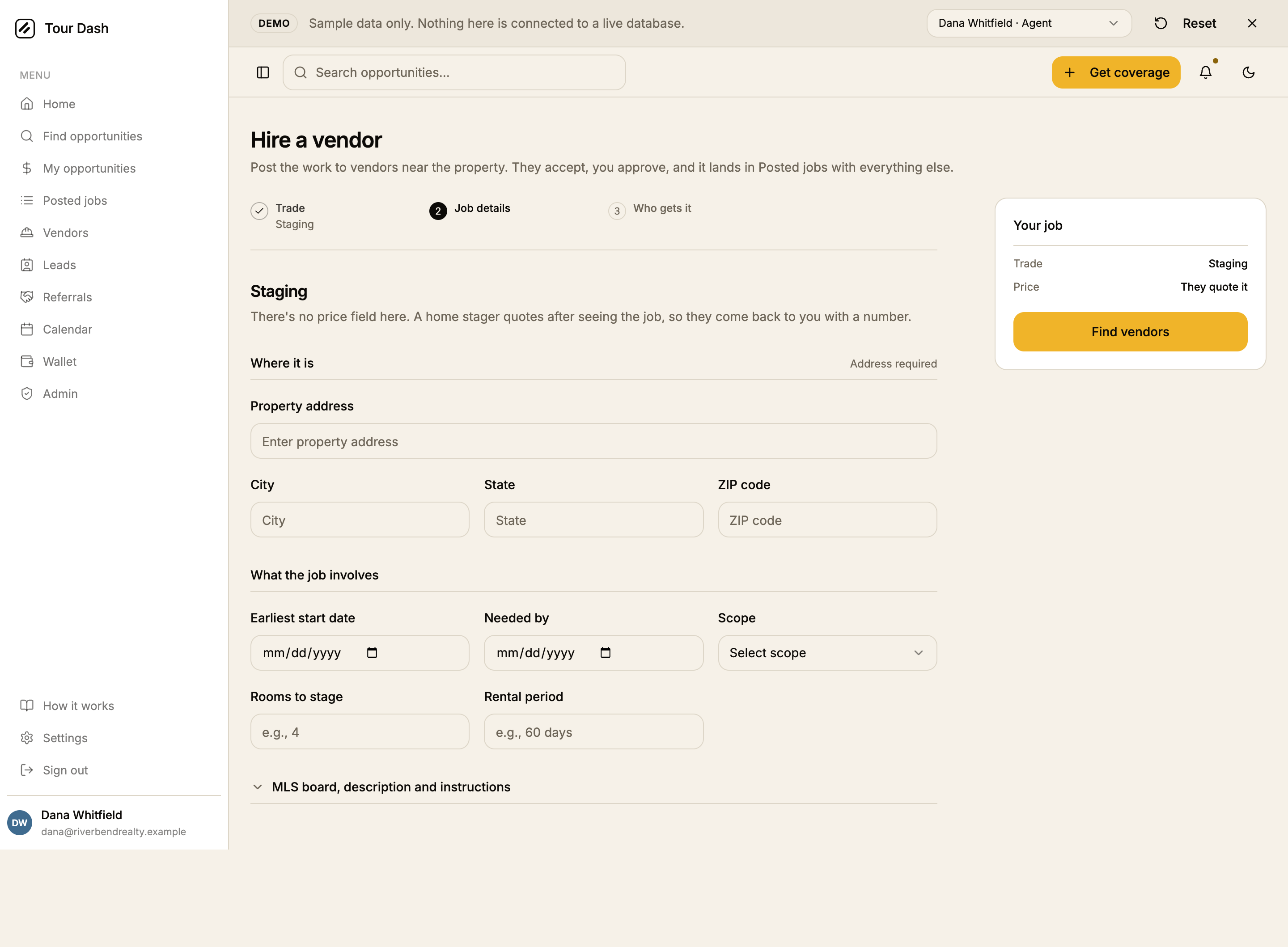 The second step for Staging, a quote-first trade: the description says there is no price field here, the Price and timing section is absent, the trade's own fields read Earliest start date, Needed by, Scope, Rooms to stage and Rental period in sentence case, and the rail reads Price They quote it.