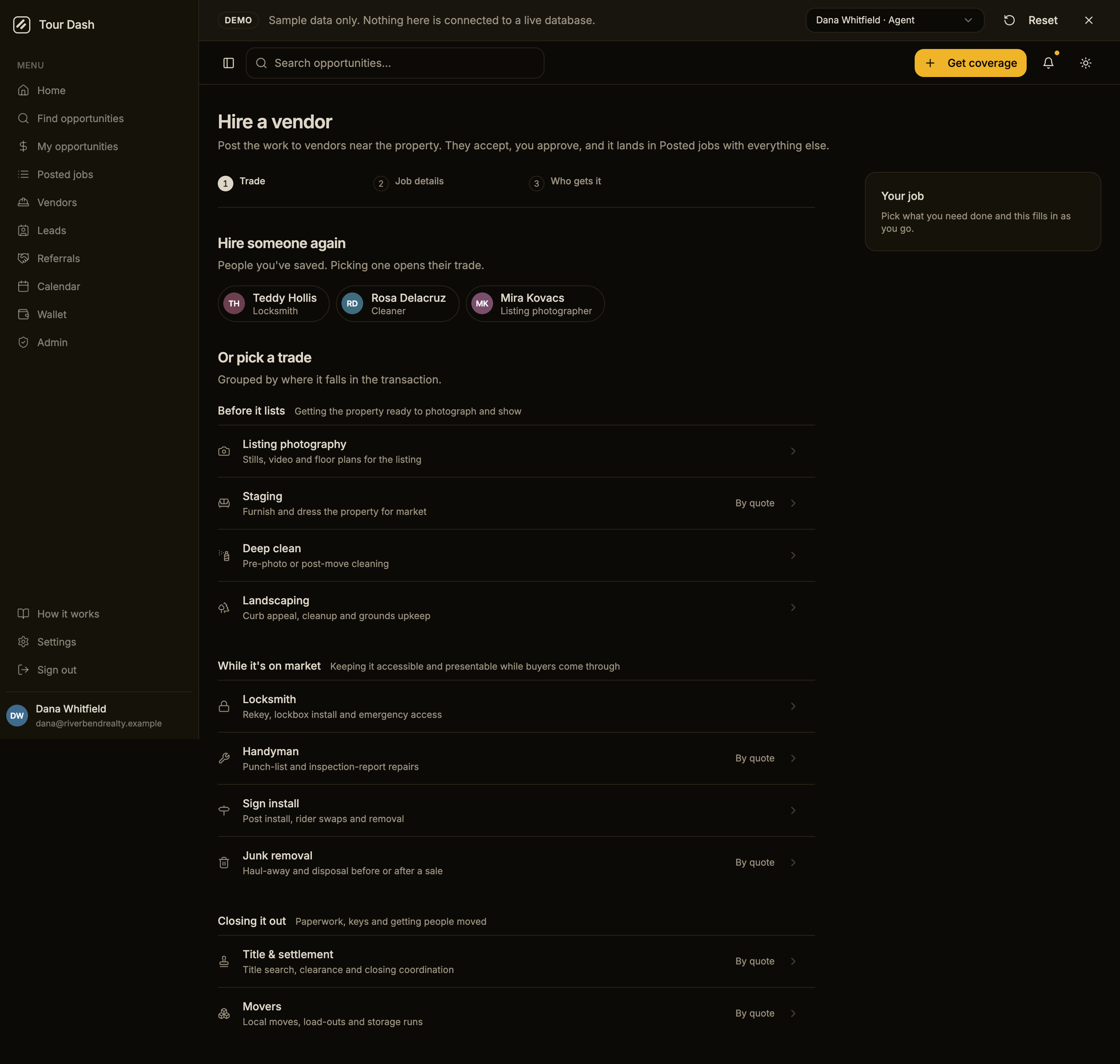 The redesigned first step in dark mode at 1280px: the same list and chips on a near-black ground with card surfaces a shade lighter.