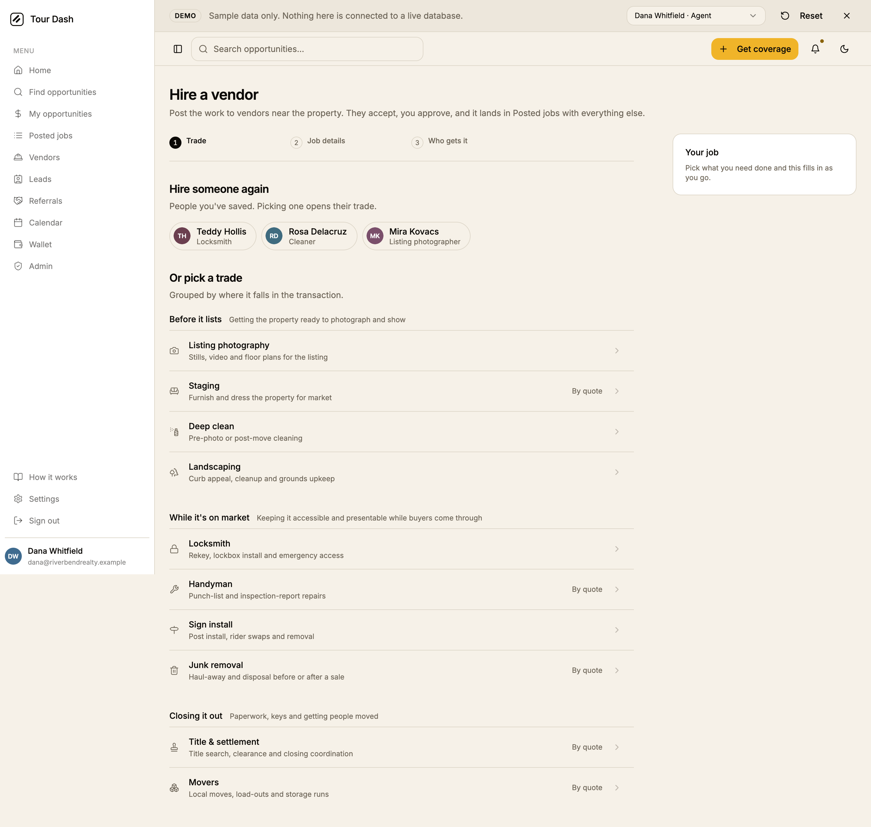 The redesigned first step at 1440px: a Hire a vendor heading with a one-line description, a three-column step list, a Hire someone again row of three avatar chips, then trades as a divided list grouped under Before it lists, While it's on market and Closing it out, with By quote on the right of quote-first rows only and a chevron on each. A Your job card sits in the right rail reading Pick what you need done and this fills in as you go.