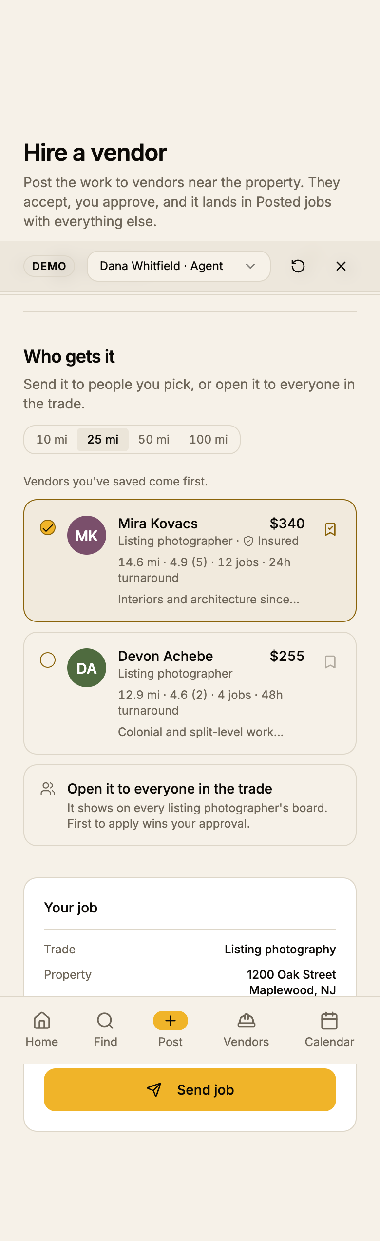 The third step at 390px: heading, Who gets it, the segmented radius control, two vendor rows with the rate beside the name and the meta line wrapping to two lines, the open-it-up row, then the Your job ticket and a full-width amber Send job button at the end of the column.