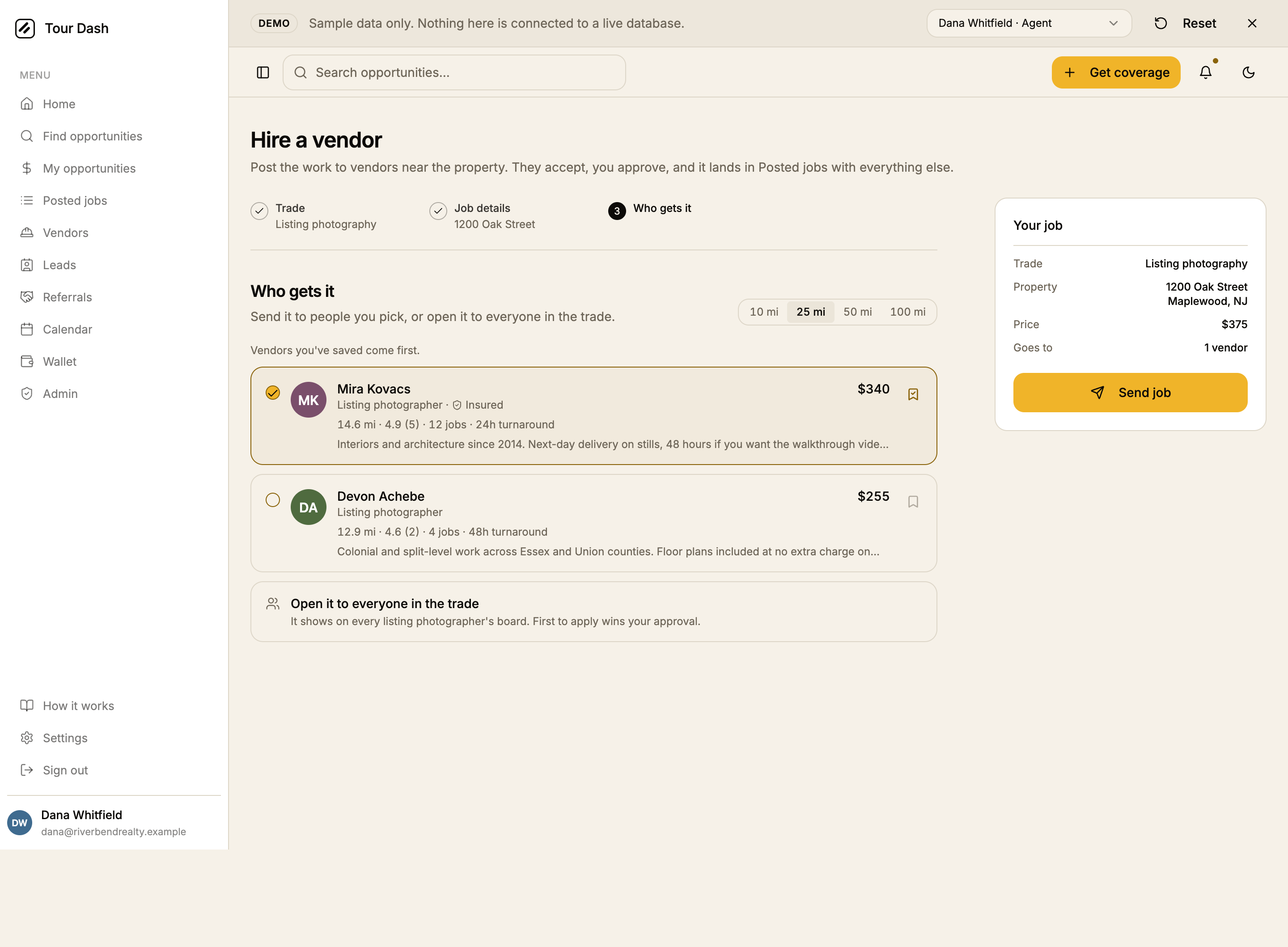 The redesigned third step: Who gets it with a bordered segmented radius control, two vendor rows each showing avatar, name, rate on the right, trade and Insured, one meta line of distance, rating, jobs and turnaround, and a one-line bio. The first is selected with an amber check and amber border. Below them a peer row reads Open it to everyone in the trade. The rail reads Trade, Property, Price, Goes to 1 vendor, and an amber Send job button.