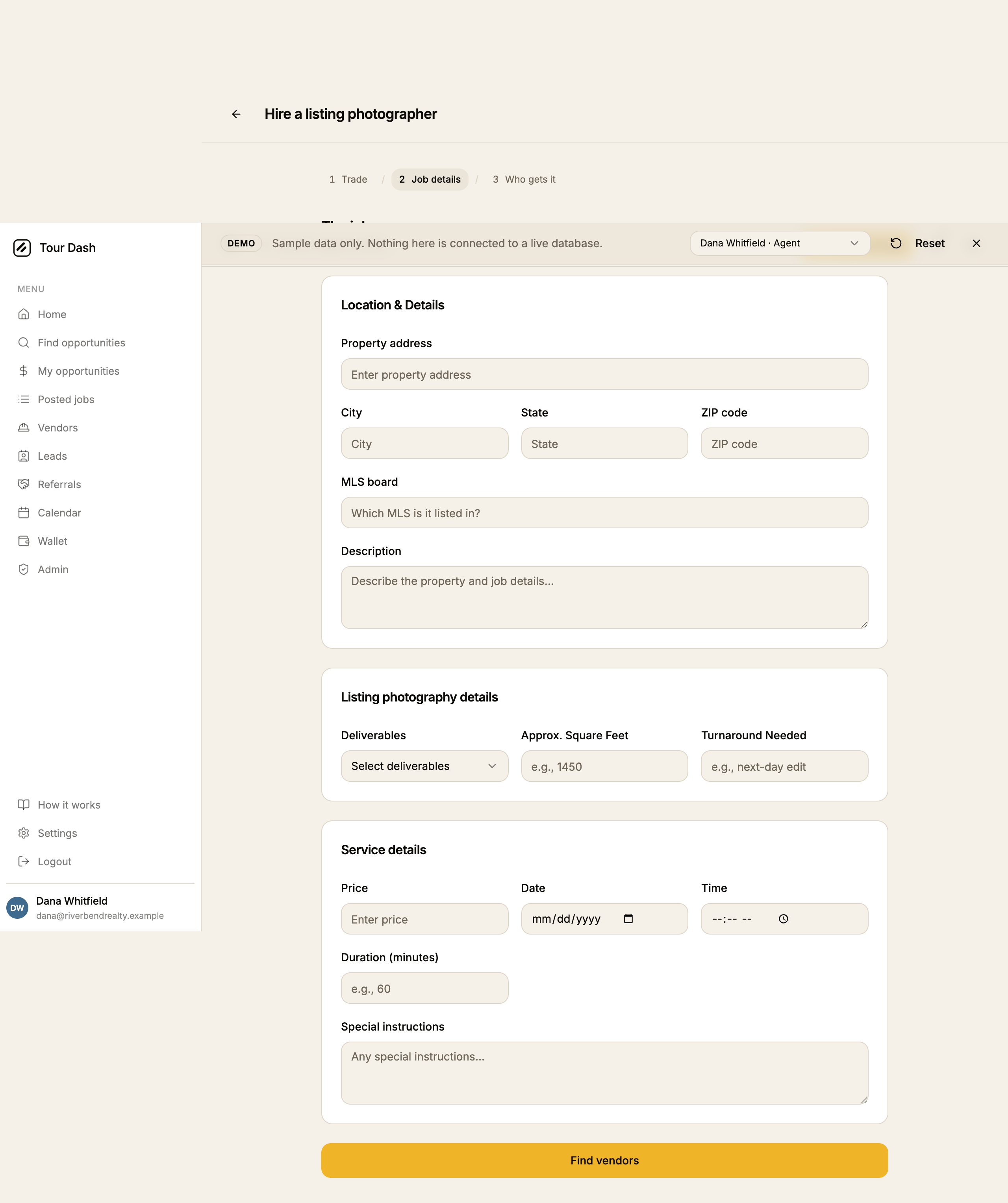 The previous second step: three stacked white cards titled Location and Details, Listing photography details, and Service details, holding thirteen form fields at equal weight, with a full-width amber Find vendors button underneath.