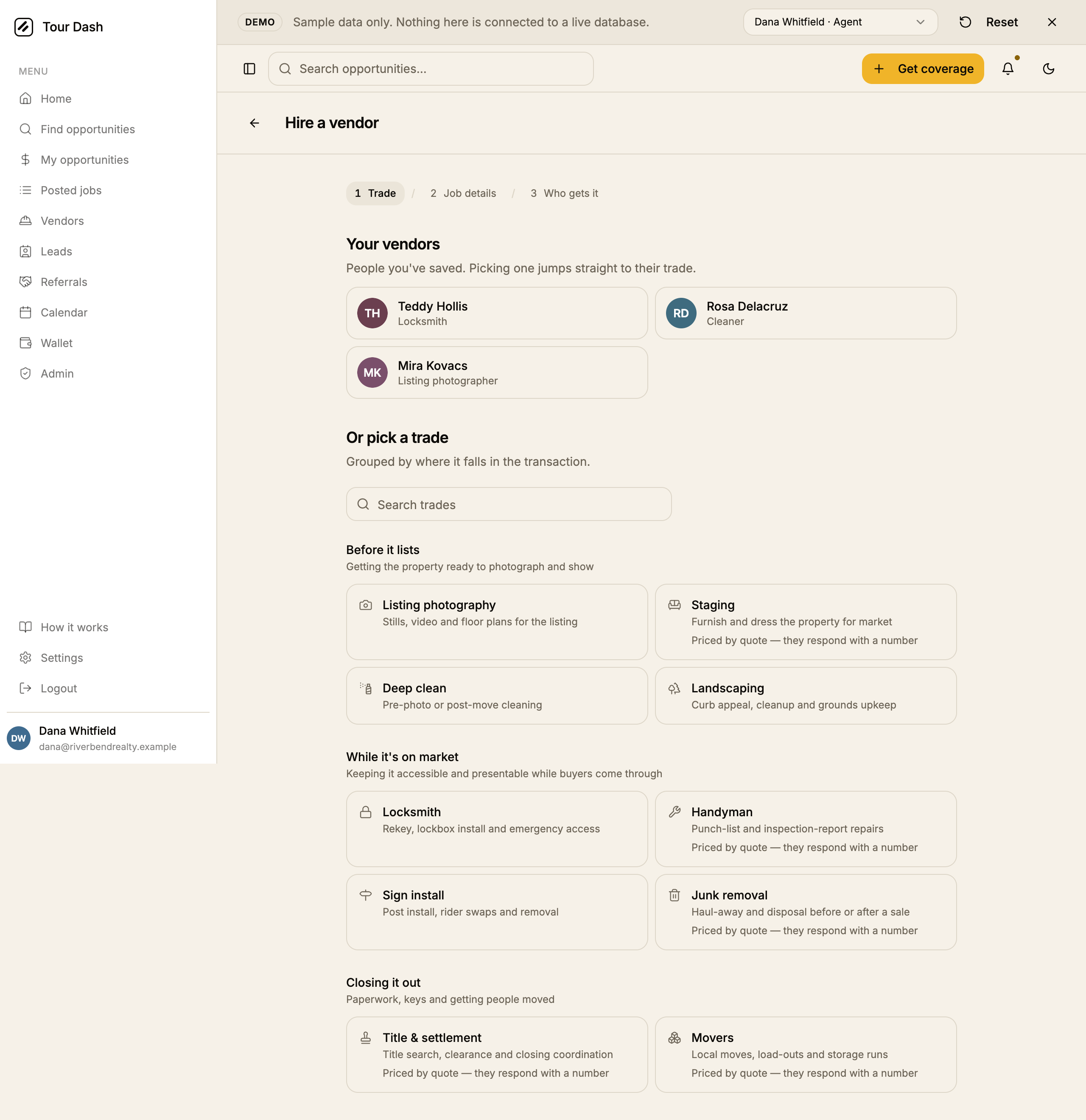 The previous first step at 1280px: a small numbered breadcrumb reading 1 Trade / 2 Job details / 3 Who gets it, a Your vendors section of three bordered cards, a Search trades input, then ten bordered rectangles in two columns, each with a small grey outline icon, a title, a description, and on five of them the sentence Priced by quote — they respond with a number.