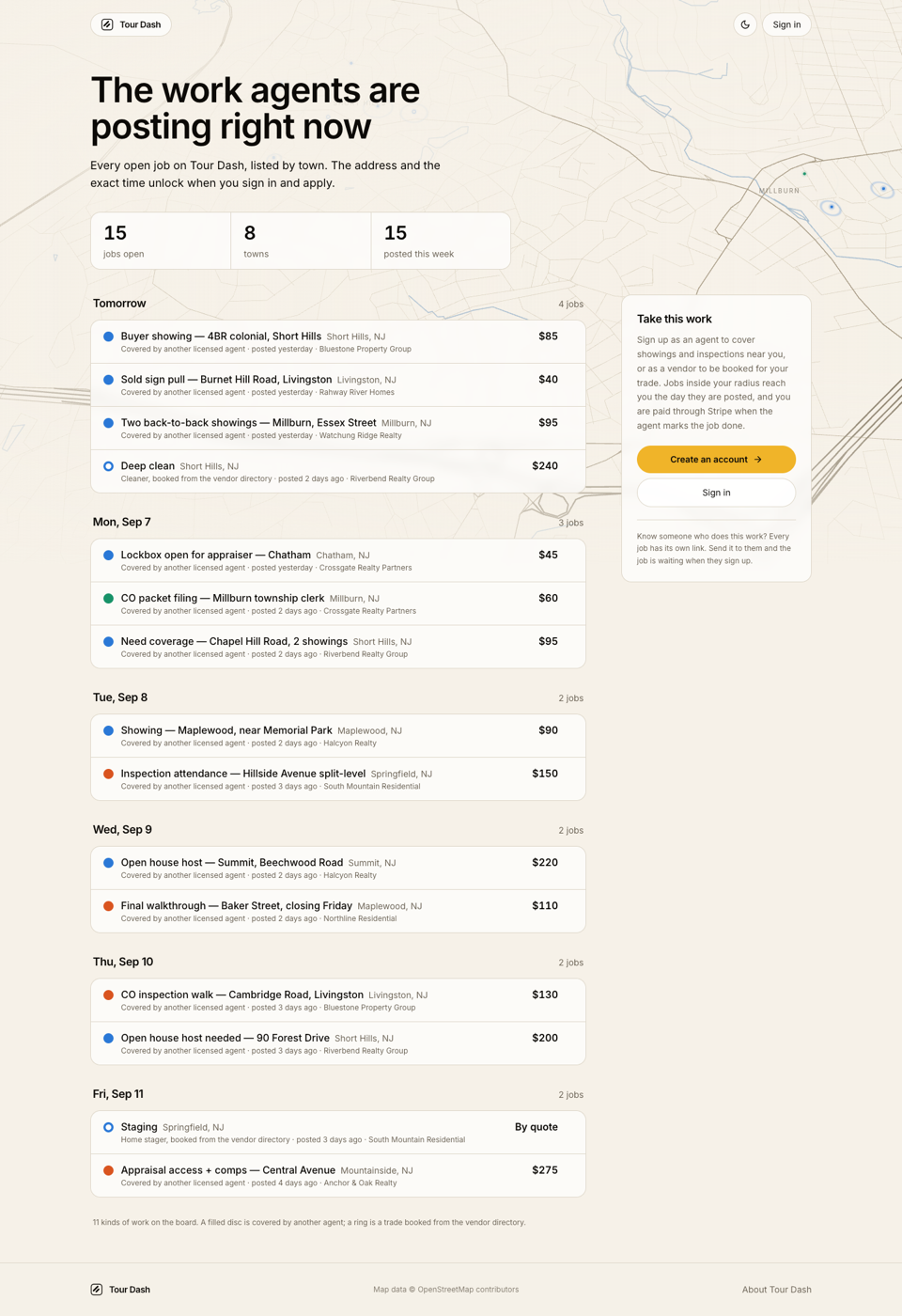 tourdash.io/jobs at 1440 wide on sample data: the headline The work agents are posting right now, a three-figure strip reading 15 jobs open, 8 towns, 15 posted this week, then jobs grouped under Tomorrow, Mon Sep 7 and so on, each row with a service mark, title, town, who takes it, when it was posted, the brokerage and the pay. A rail on the right reads Take this work with Create an account and Sign in.