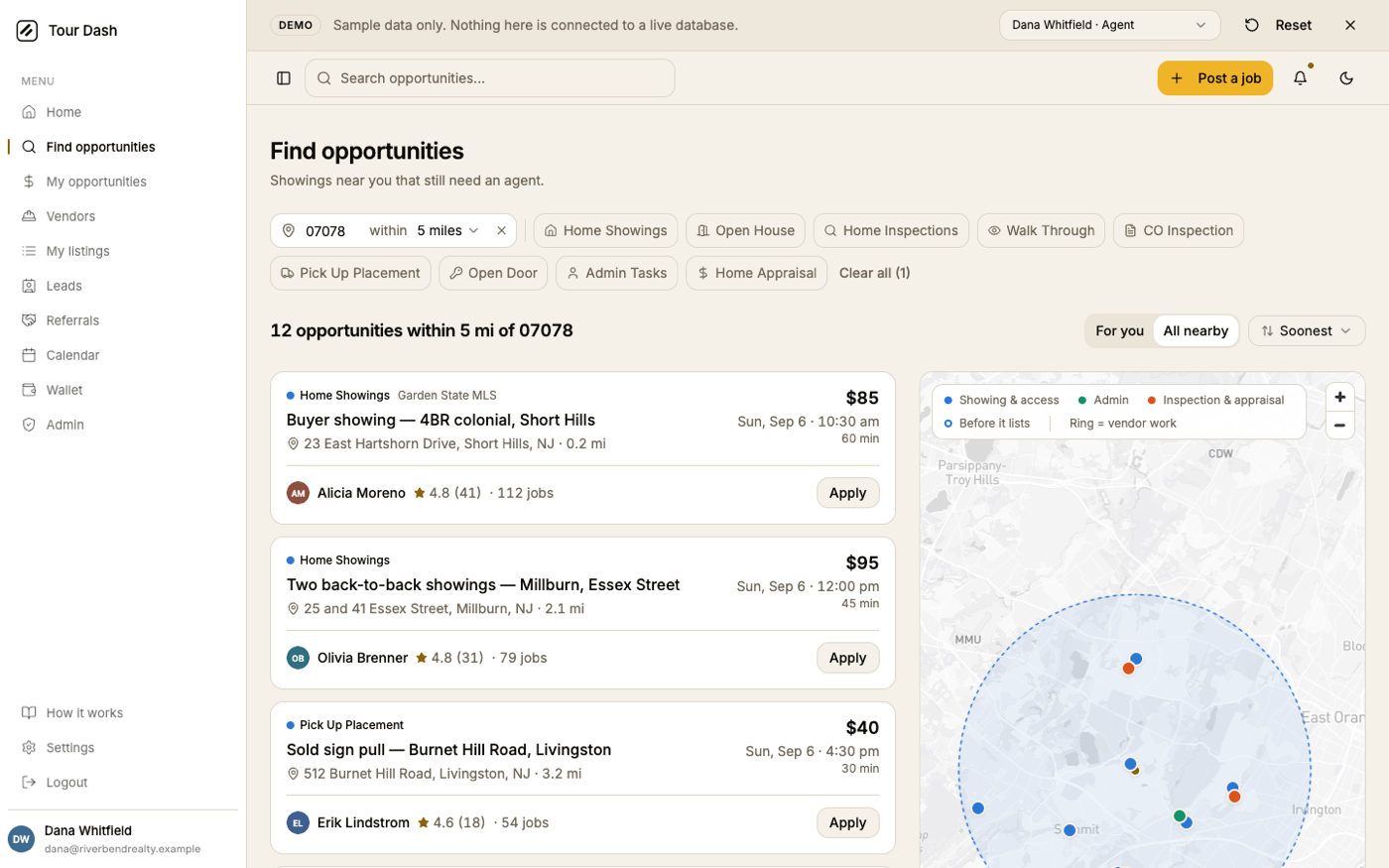 The in-app board with All nearby selected: twelve opportunities within five miles, a legend that now includes Ring = vendor work, and the usual cards.