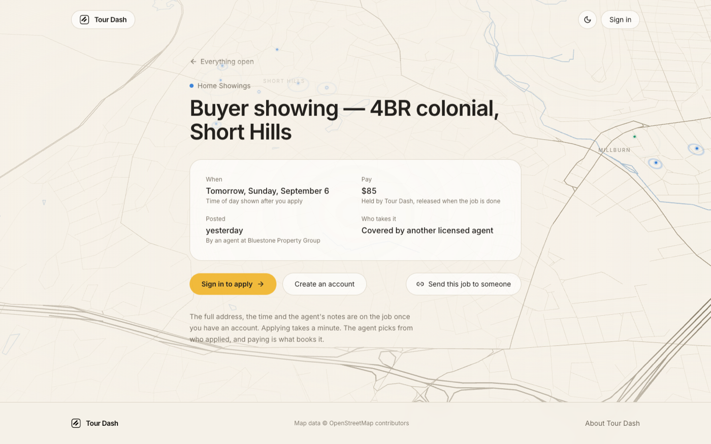 One job's page: Home Showings, the title Buyer showing, 4BR colonial, Short Hills, then a card with When, Pay, Posted and Who takes it, and buttons reading Sign in to apply, Create an account, and Send this job to someone.