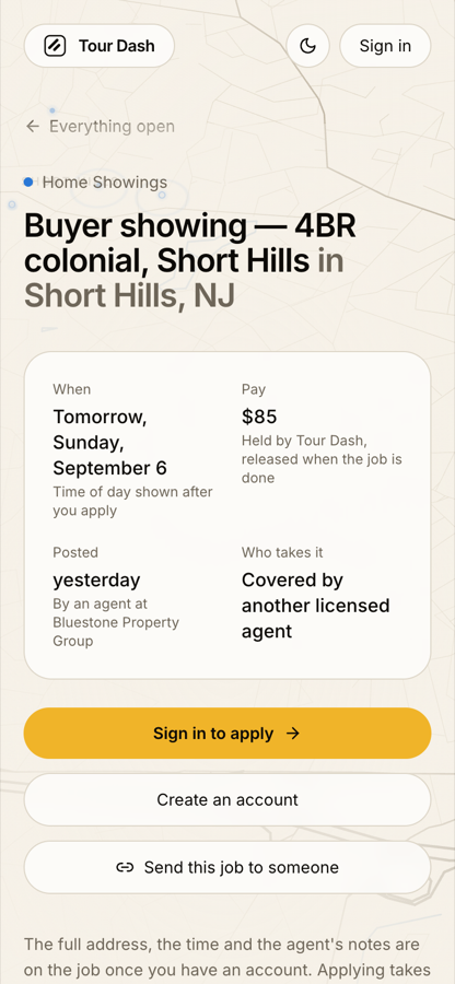 A job's page on a phone: the facts card, then three full-width buttons.