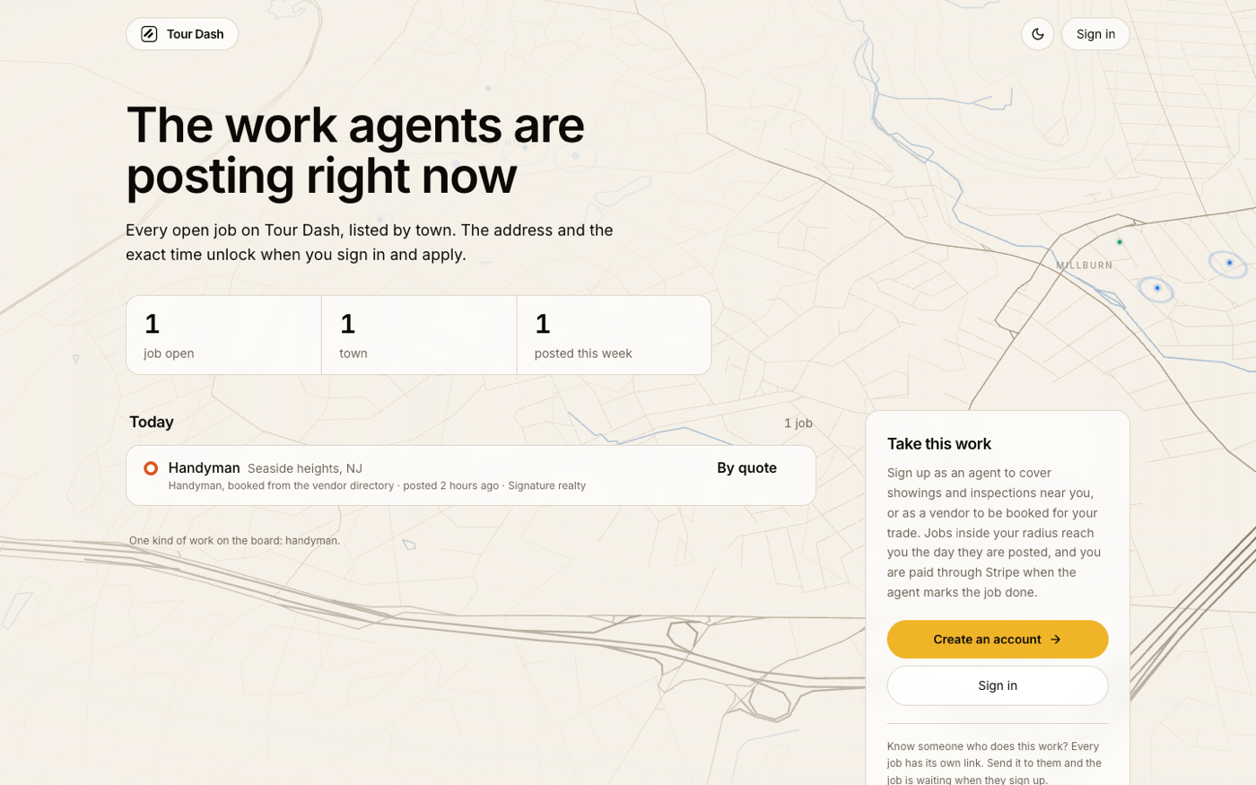 tourdash.io/jobs live: figures reading 1 job open, 1 town, 1 posted this week, and one row under Today: a ring mark, Handyman, Seaside heights NJ, booked from the vendor directory, posted 2 hours ago, Signature realty, By quote.