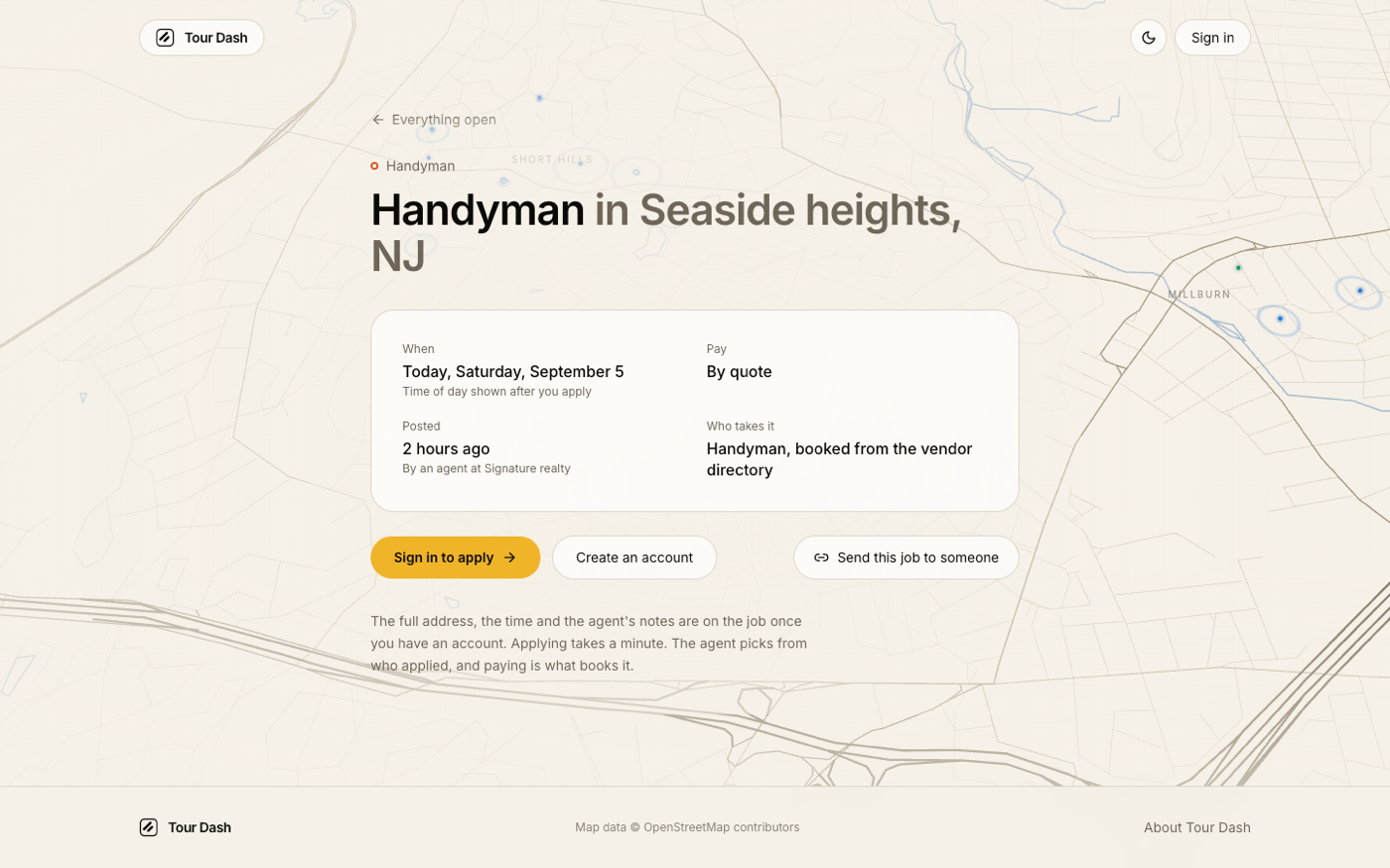 The live page for the Seaside Heights handyman job: Handyman in Seaside heights NJ, Today, Saturday September 5, time of day shown after you apply, By quote, posted 2 hours ago by an agent at Signature realty, Handyman booked from the vendor directory, and the three buttons.