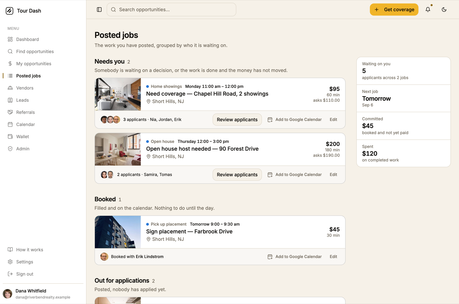 Posted jobs with applicants and the Add to Google Calendar button