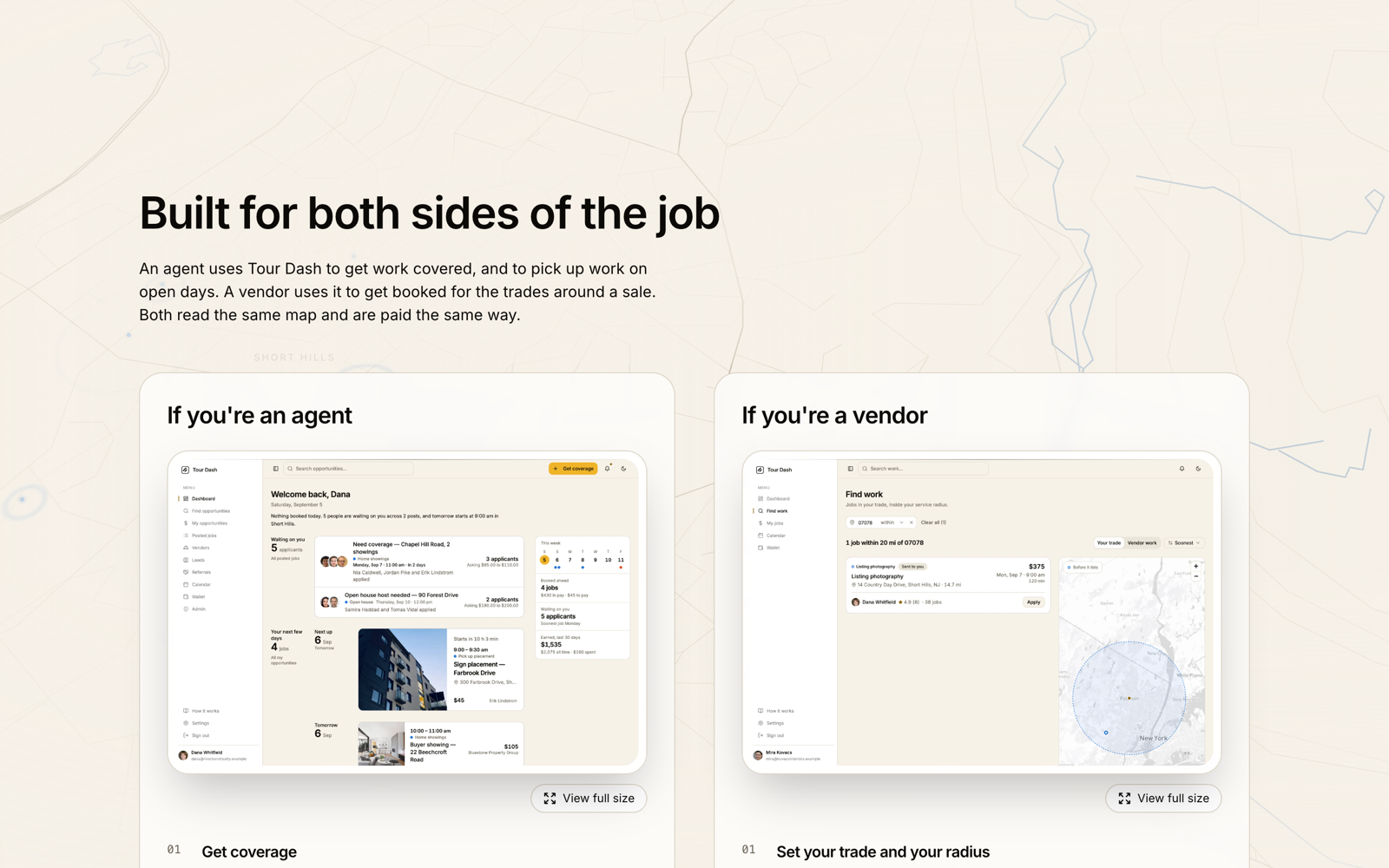 The agents and vendors section, two columns with a screenshot at the top of each