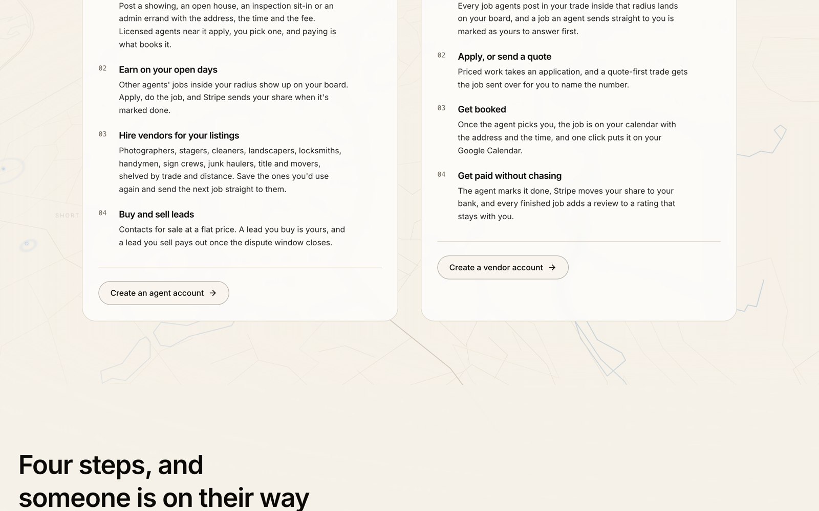 The four stories under each screenshot, each column ending on its own sign-up button