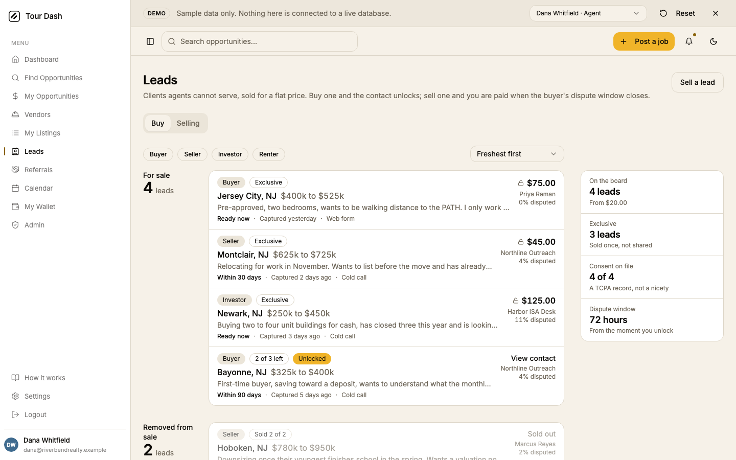 The Leads page: a heading reading Leads with a Sell a lead button, Buy and Selling tabs, type filters, a sort, and a For sale list of four leads as rows showing type, exclusivity, city, price band, a line of motivation, timeline, capture date and source, with the price and seller on the right. One row reads Unlocked with View contact. A rail on the right shows 4 leads on the board from $20, 3 exclusive, consent on file for 4 of 4, and a 72-hour dispute window.