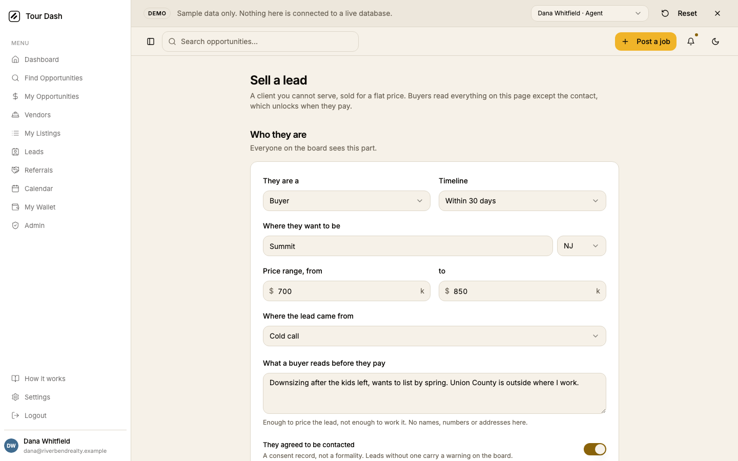The Sell a lead form, filled in: They are a Buyer, Timeline within 30 days, Where they want to be Summit NJ, price range $700k to $850k, where the lead came from, a motivation line, and a consent switch. Section headings read Who they are and Everyone on the board sees this part.