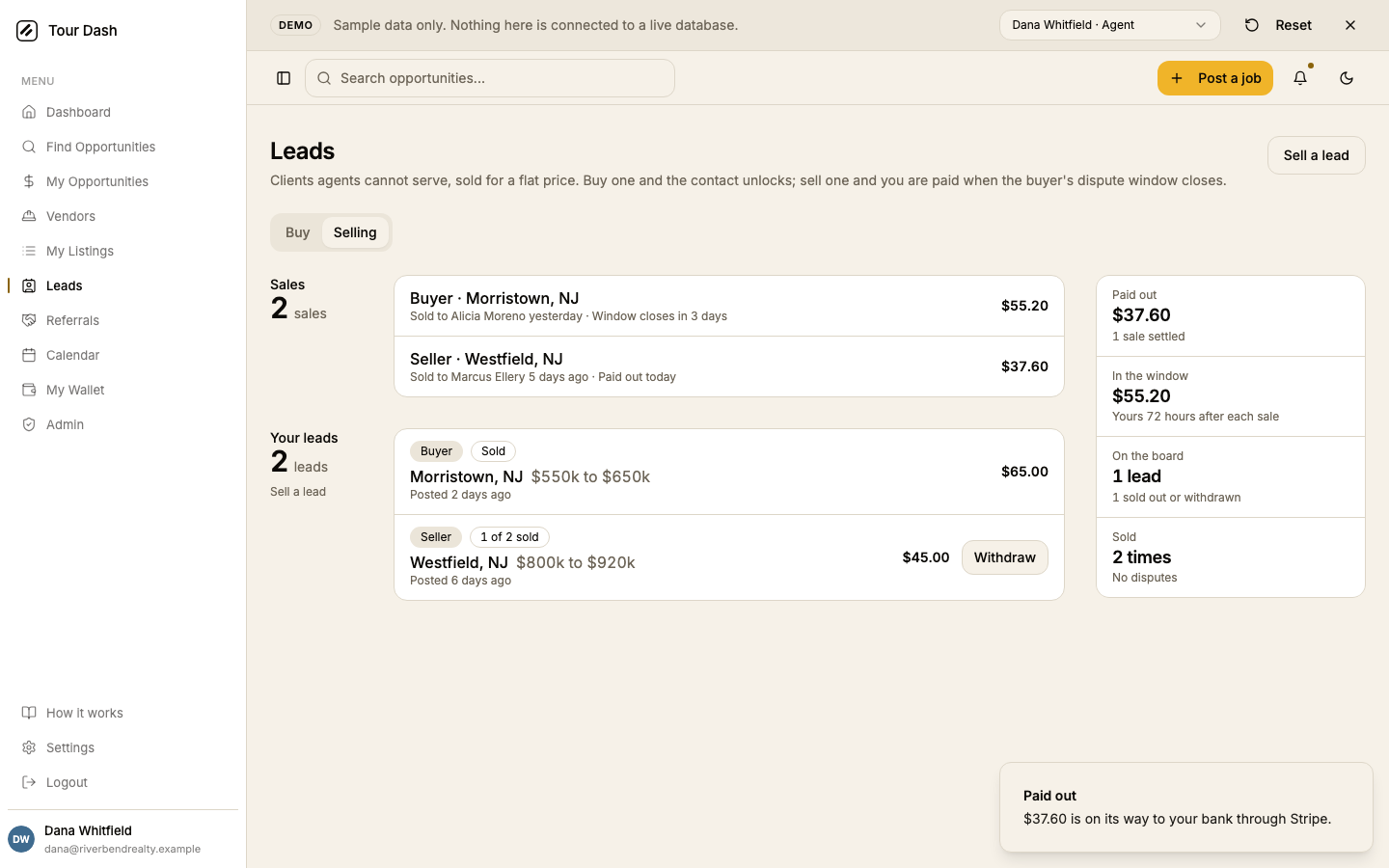 The Selling tab: a Sales list with two rows, one sold yesterday with the window closing in 3 days and one sold five days ago marked paid out today, then a Your leads list with a sold exclusive lead and a shared lead showing 1 of 2 sold with a Withdraw button. A rail reads Paid out $37.60, In the window $55.20, On the board 1 lead, Sold 2 times. A toast reads Paid out, $37.60 is on its way to your bank through Stripe.