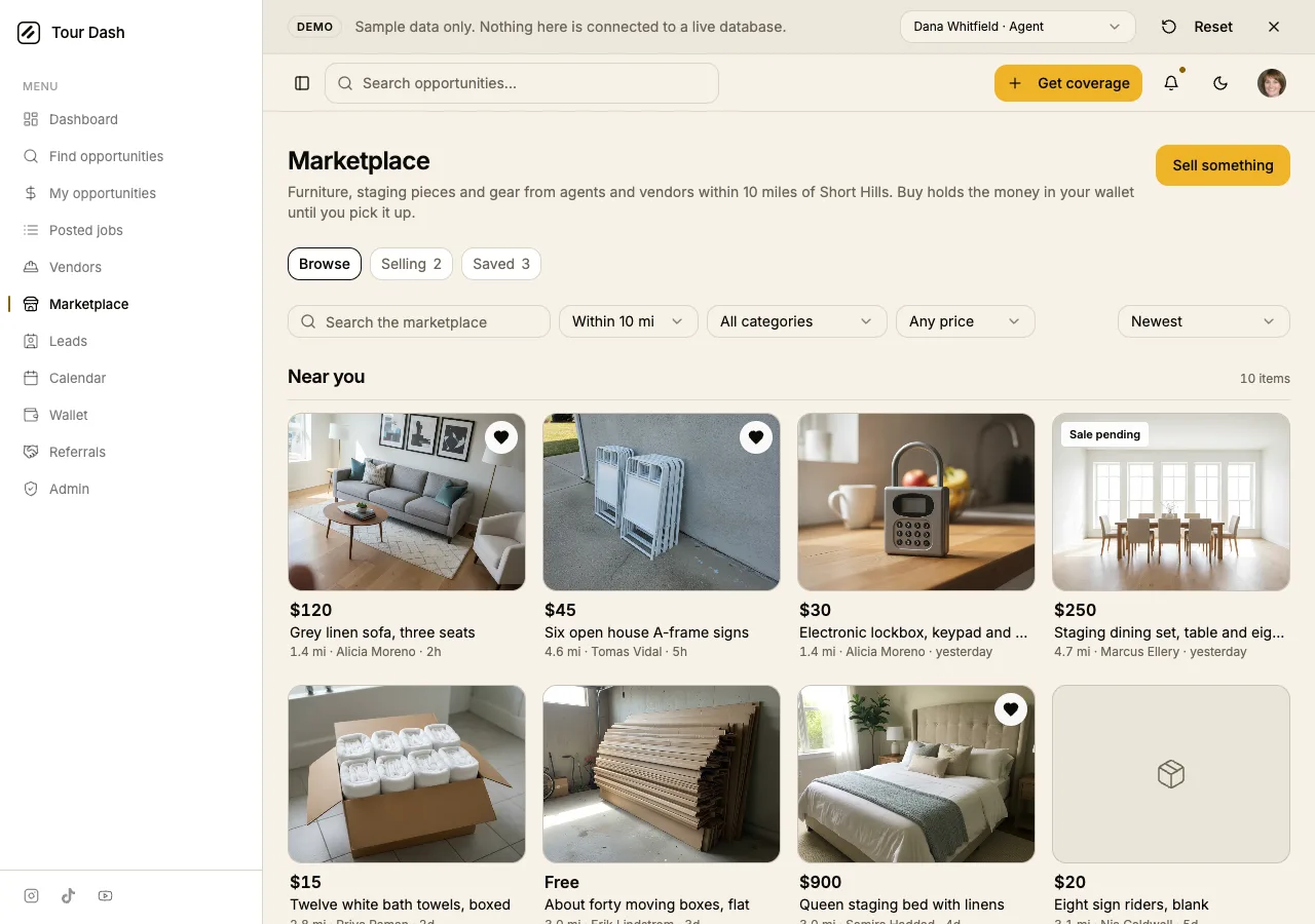 The Marketplace page at 1280 pixels: heading, a lede reading within 10 miles of Short Hills, an amber Sell something button, Browse, Selling 2 and Saved 3 pills, a search box and four selects, then a four-across grid of photo tiles with prices from Free to $900. One tile carries a grey Sale pending tag and three carry a filled heart.