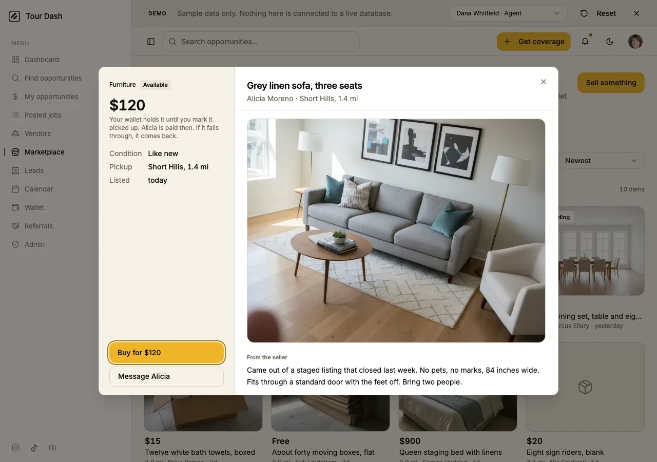 The sofa on the Desk dialog: Furniture and Available on the top line, $120, the sentence Your wallet holds it until you mark it picked up, condition Like new, pickup Short Hills 1.4 mi, listed today, and a stack with an amber Buy for $120 over an outline Message Alicia. The right pane shows the sofa photo and the seller's description.
