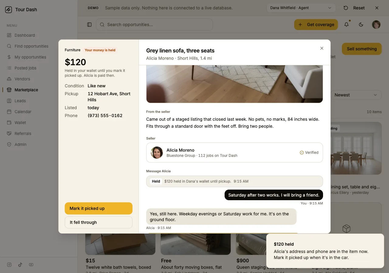 The same dialog after Buy: the state reads Your money is held, pickup is now 12 Hobart Ave and a phone number is listed. The right pane shows the seller card for Alicia Moreno, Bluestone Group, 112 jobs on Tour Dash, Verified, then a thread with a Held card, a message from the buyer, and Alicia's reply.