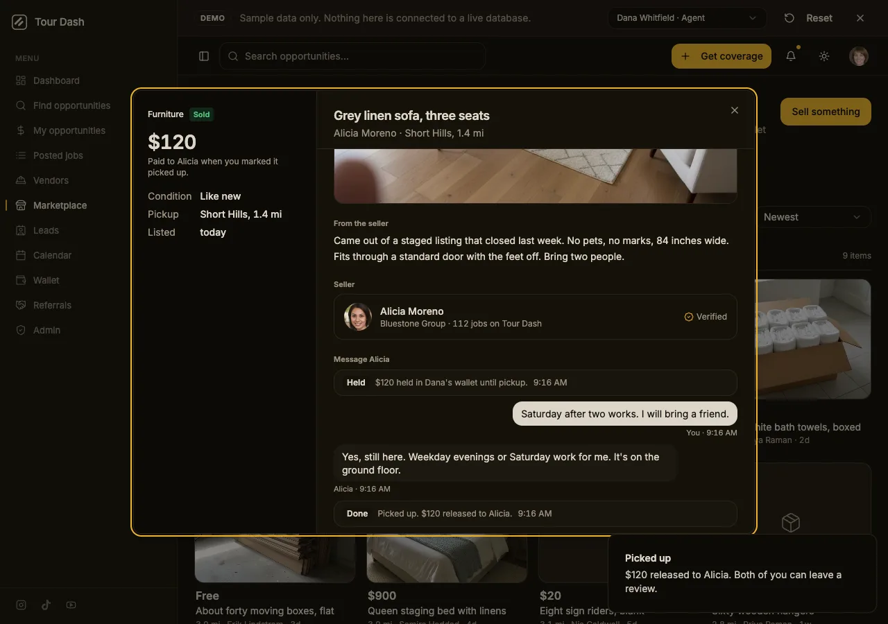 The dialog in dark theme after Mark it picked up: the state reads Sold, the note reads Paid to Alicia when you marked it picked up, and the thread ends with a Done card reading Picked up, $120 released to Alicia.