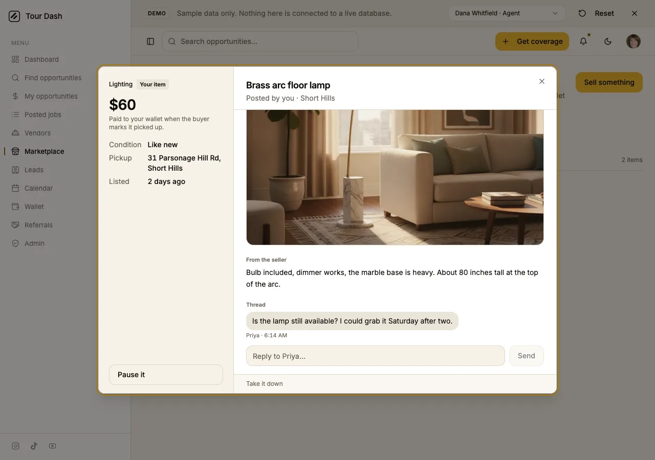 The seller's view of the brass arc floor lamp on the Desk: Lighting and Your item, $60, the note Paid to your wallet when the buyer marks it picked up, the street address in the facts, a Pause it button, a thread with a question from Priya and a reply box, and Take it down as a text link on the floor.